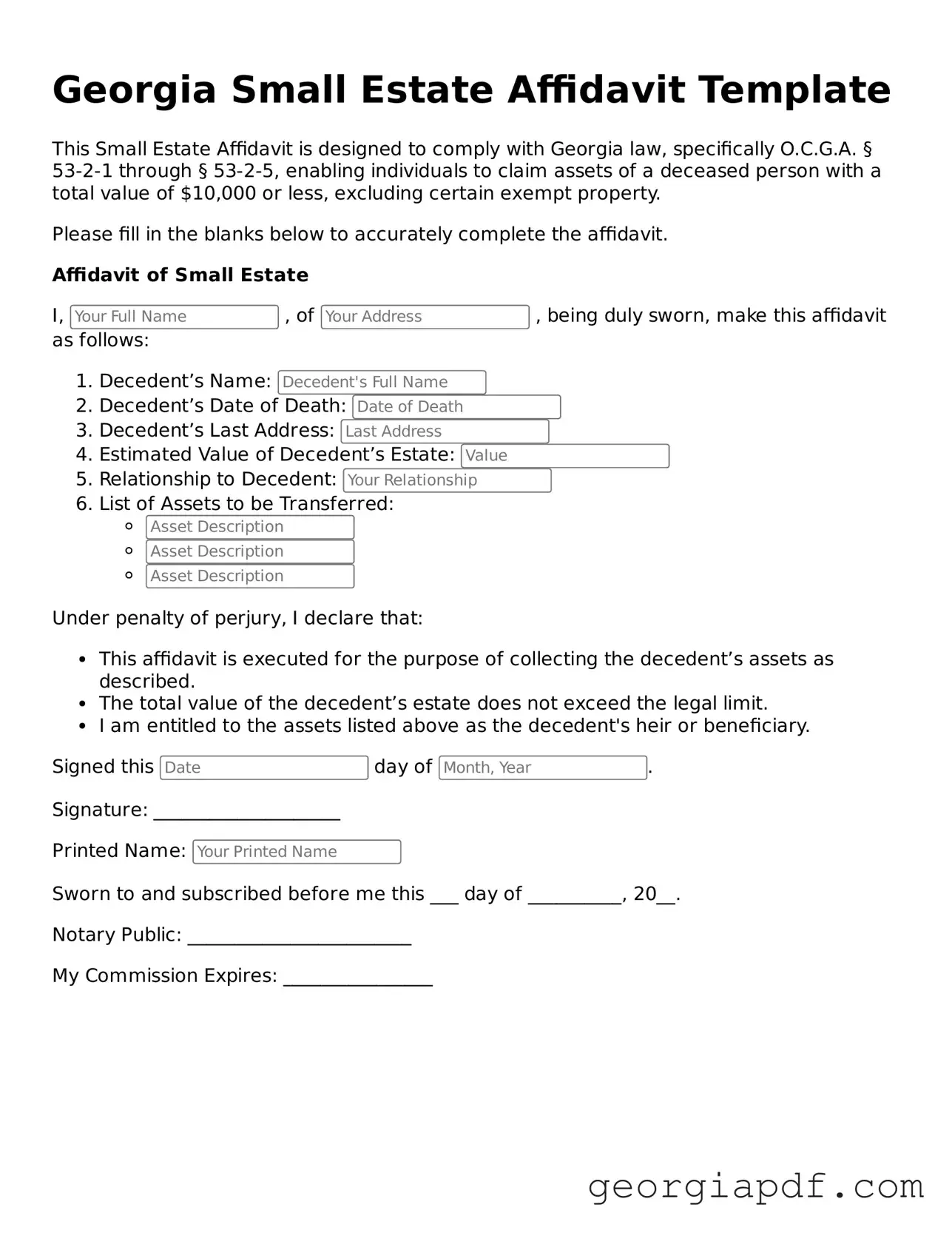 Blank Small Estate Affidavit Template for the State of Georgia