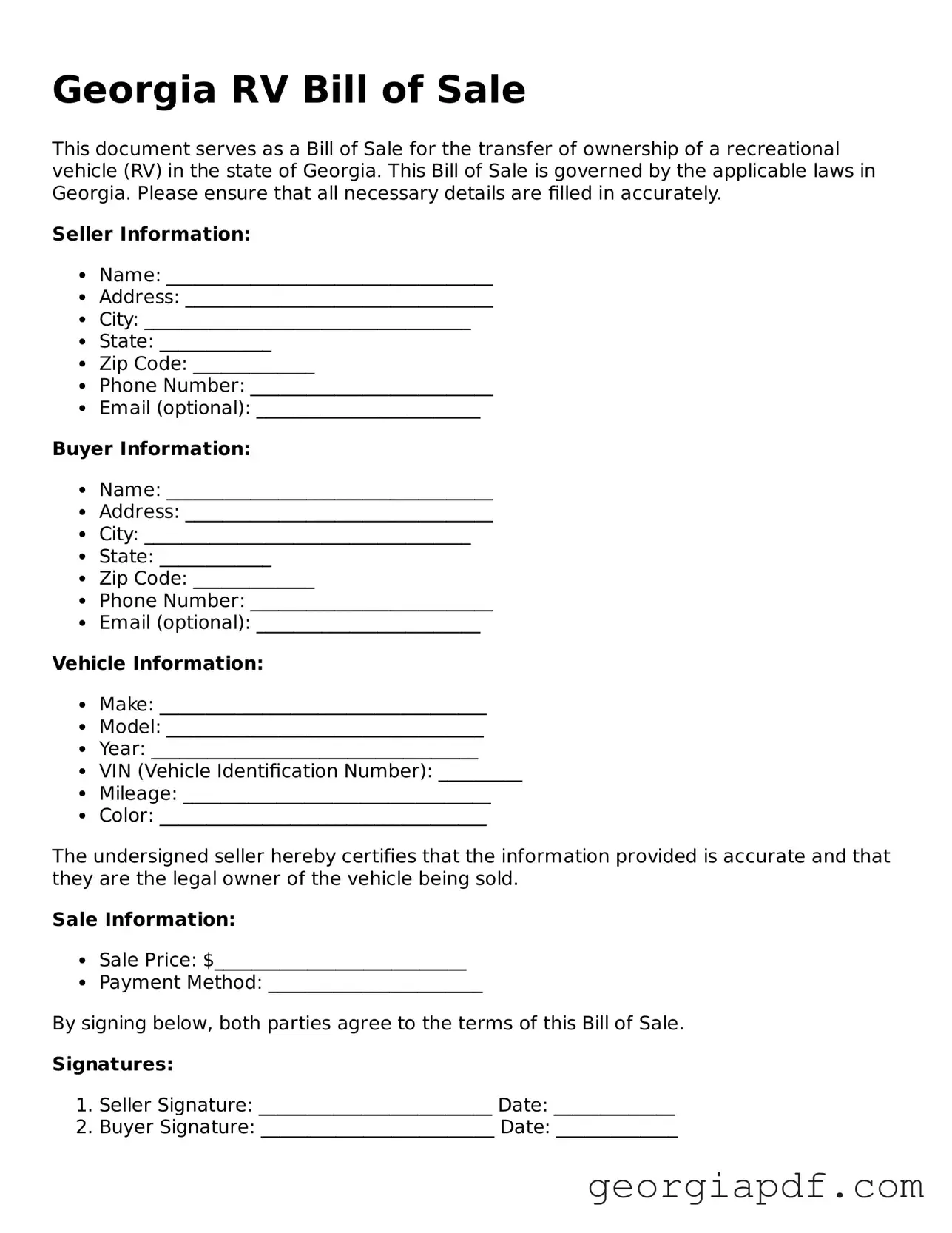Blank RV Bill of Sale Template for the State of Georgia