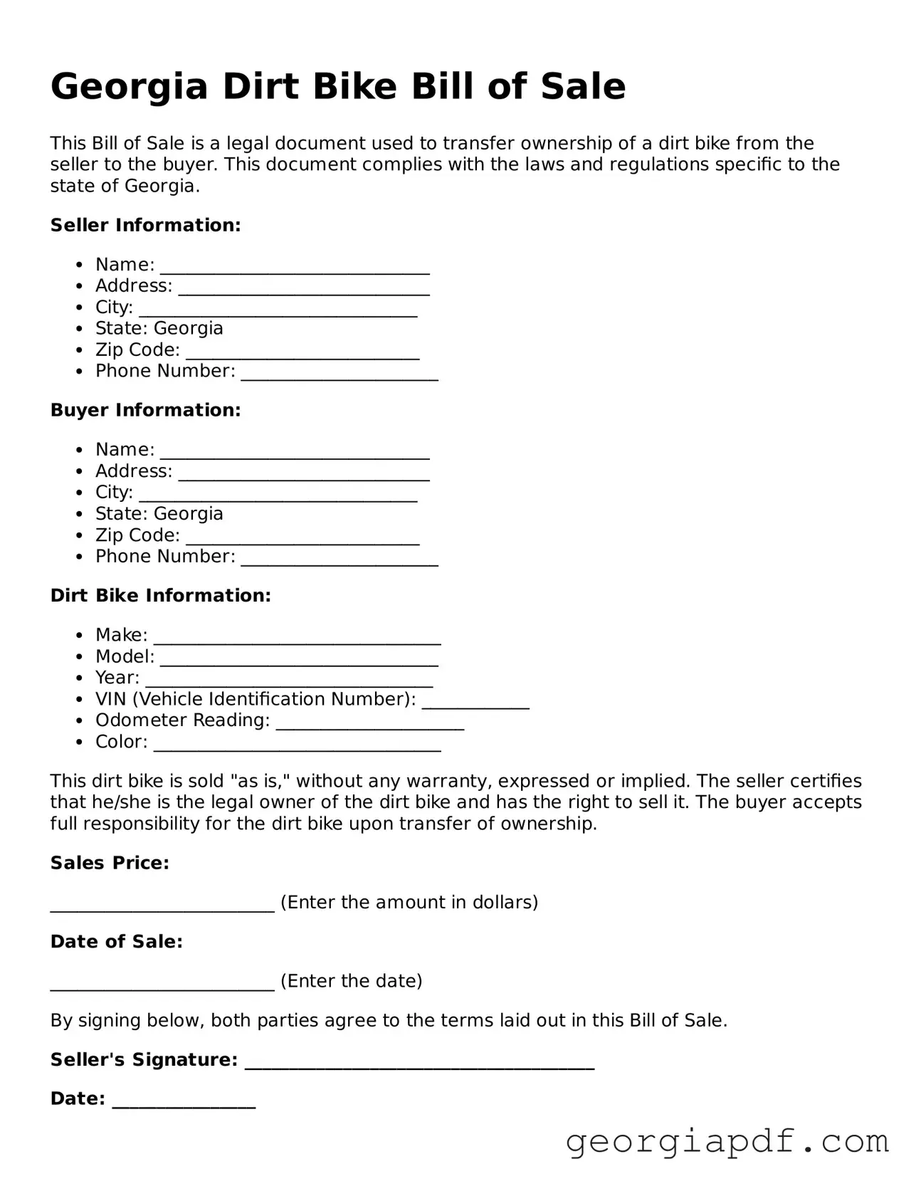 Blank Dirt Bike Bill of Sale Template for the State of Georgia