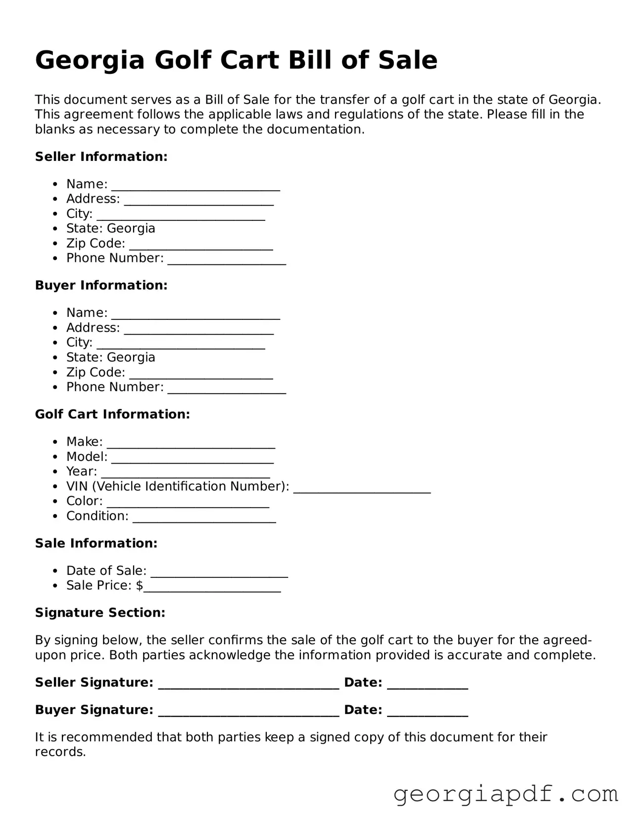 Blank Golf Cart Bill of Sale Template for the State of Georgia