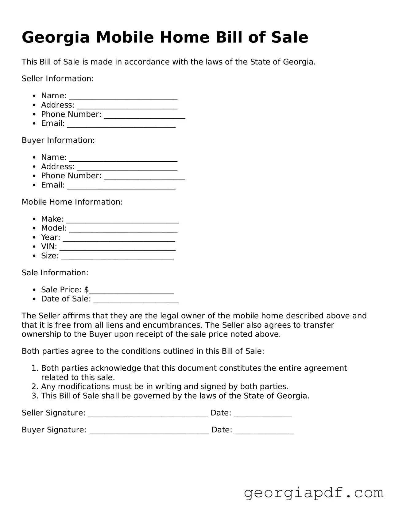 Blank Mobile Home Bill of Sale Template for the State of Georgia