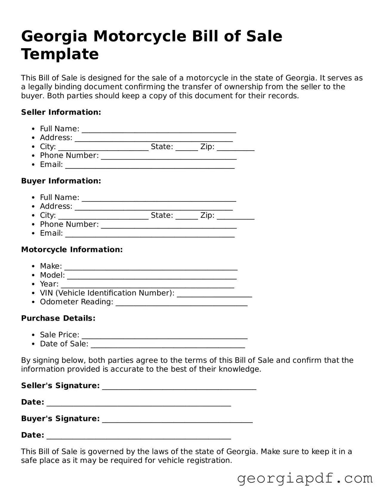 Blank Motorcycle Bill of Sale Template for the State of Georgia