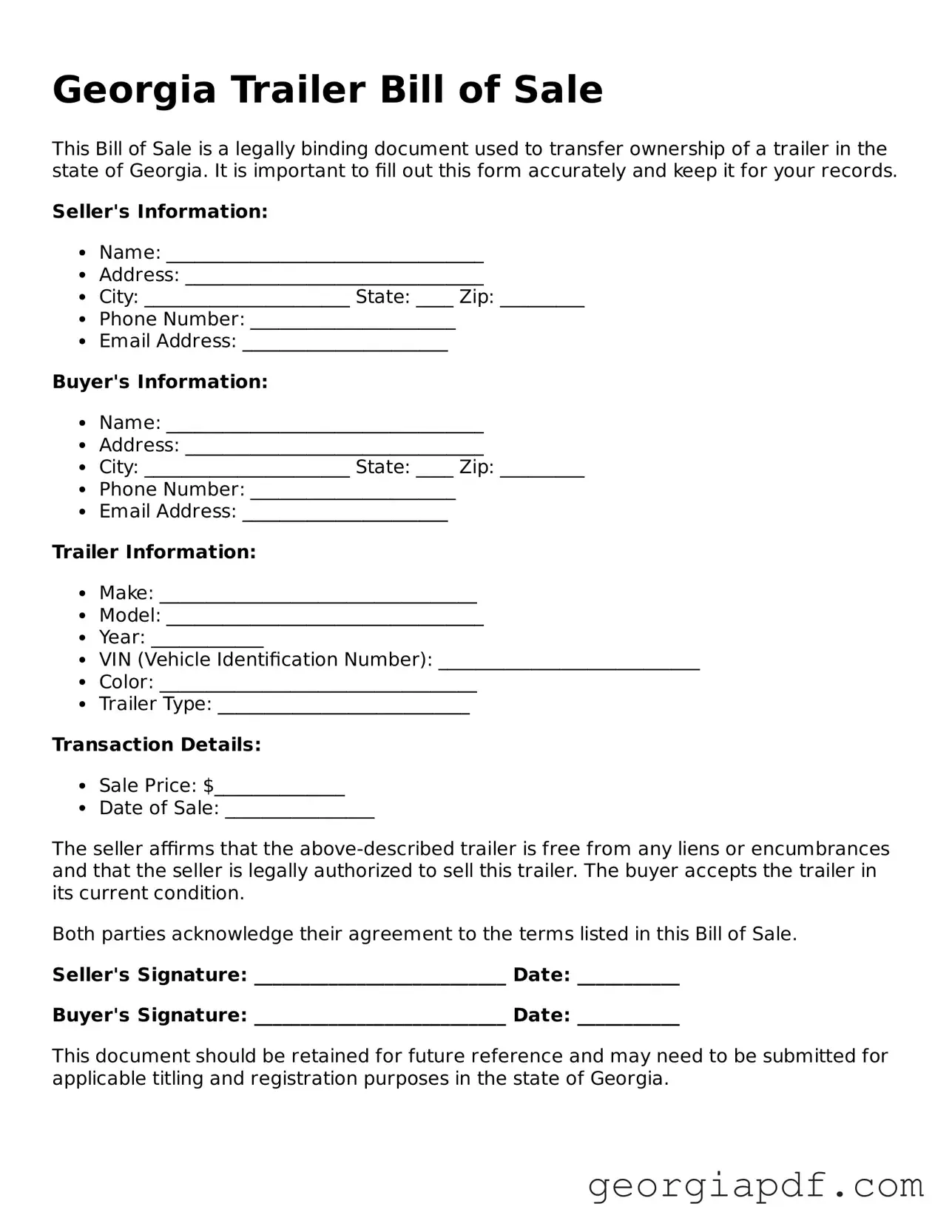 Blank Trailer Bill of Sale Template for the State of Georgia