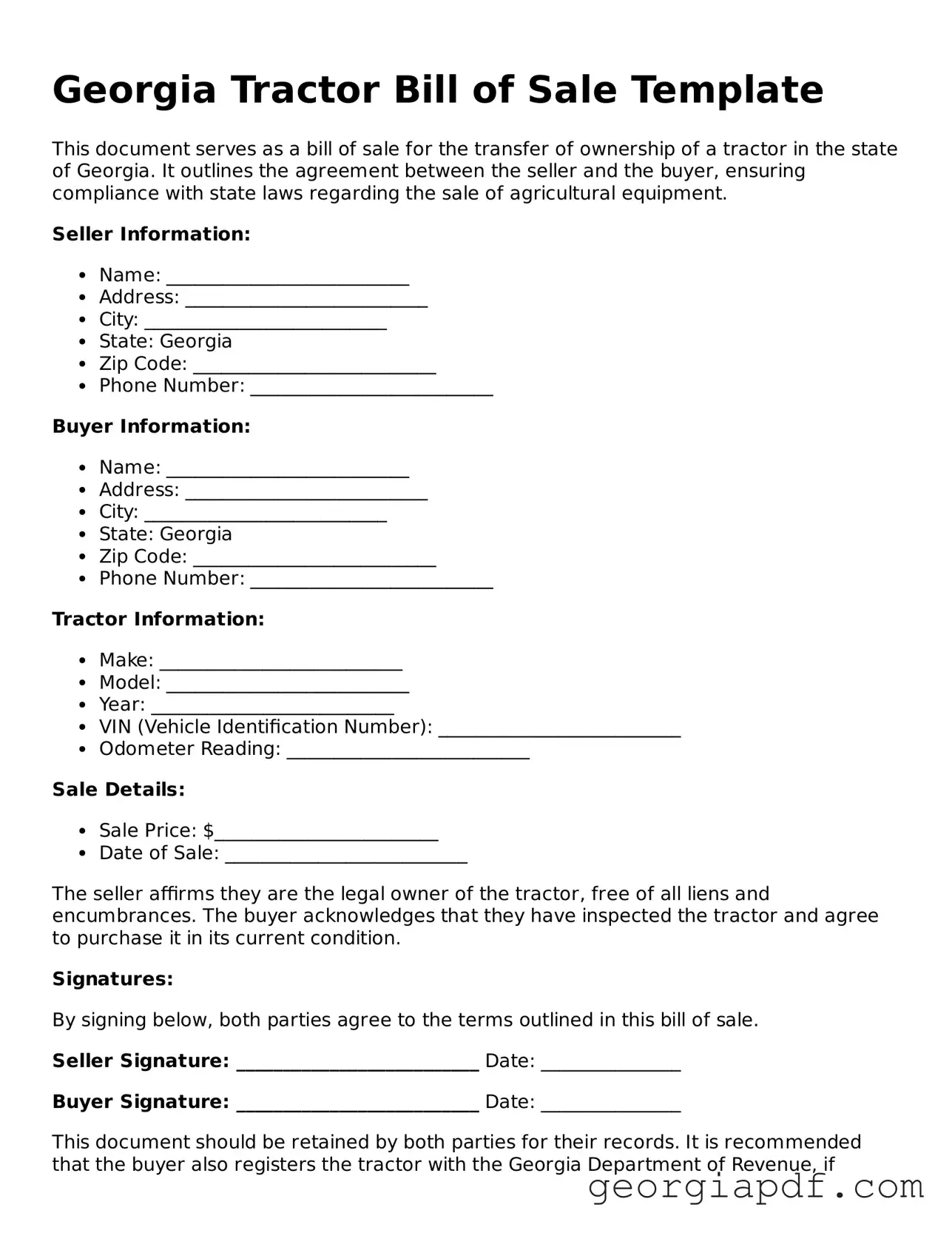 Blank Tractor Bill of Sale Template for the State of Georgia