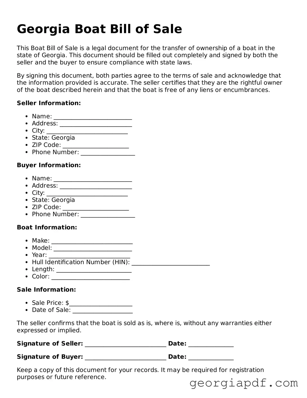 Blank Boat Bill of Sale Template for the State of Georgia