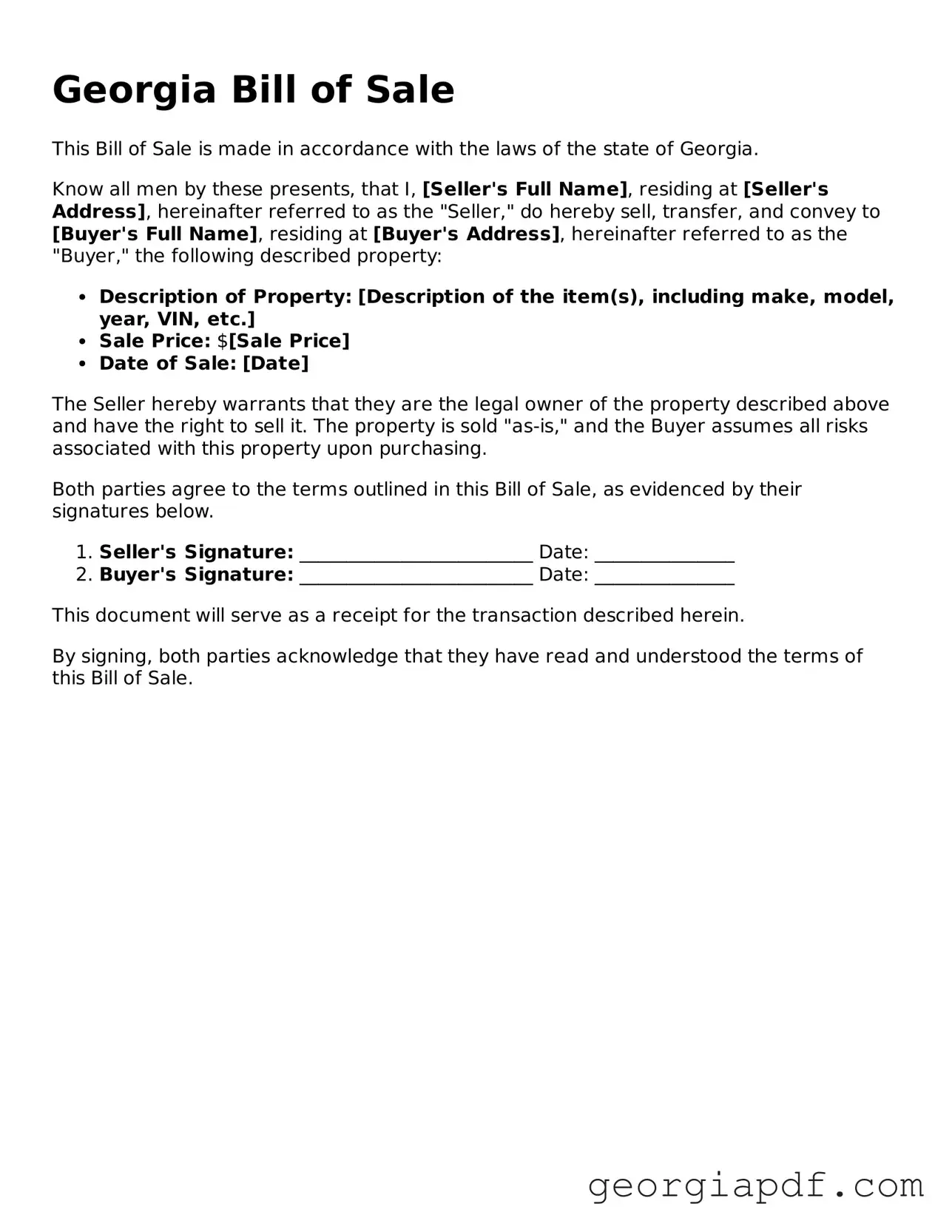 Blank Bill of Sale Template for the State of Georgia