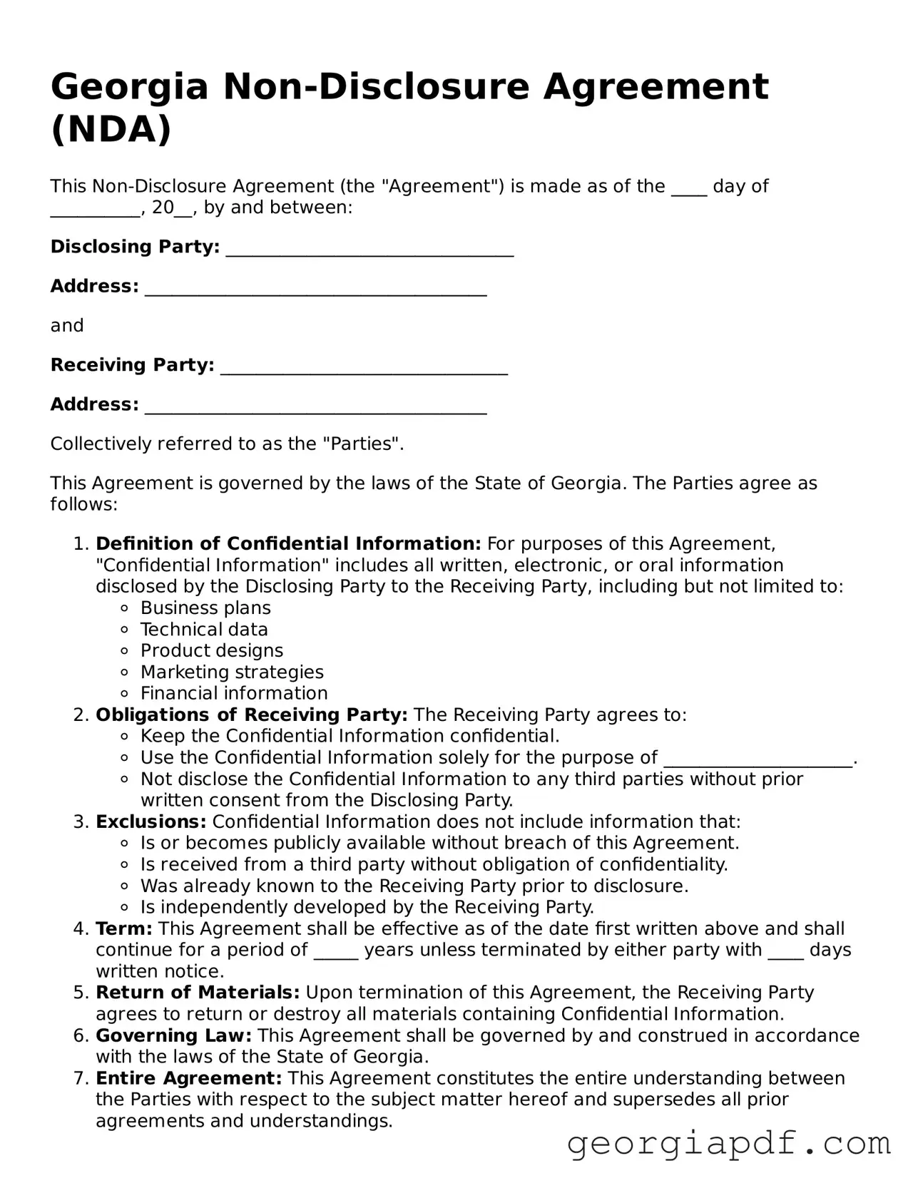 Blank Non-disclosure Agreement Template for the State of Georgia