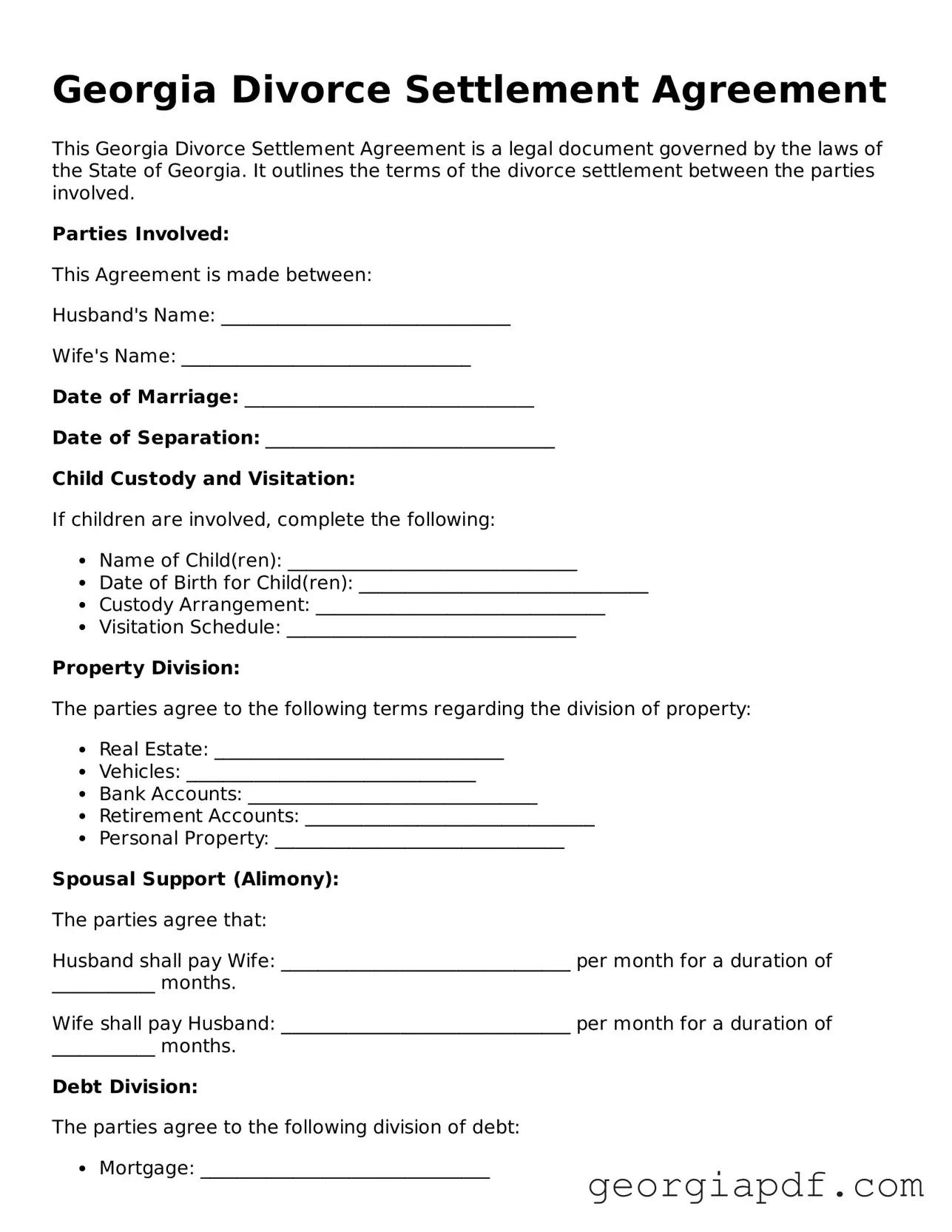 Blank Divorce Settlement Agreement Template for the State of Georgia