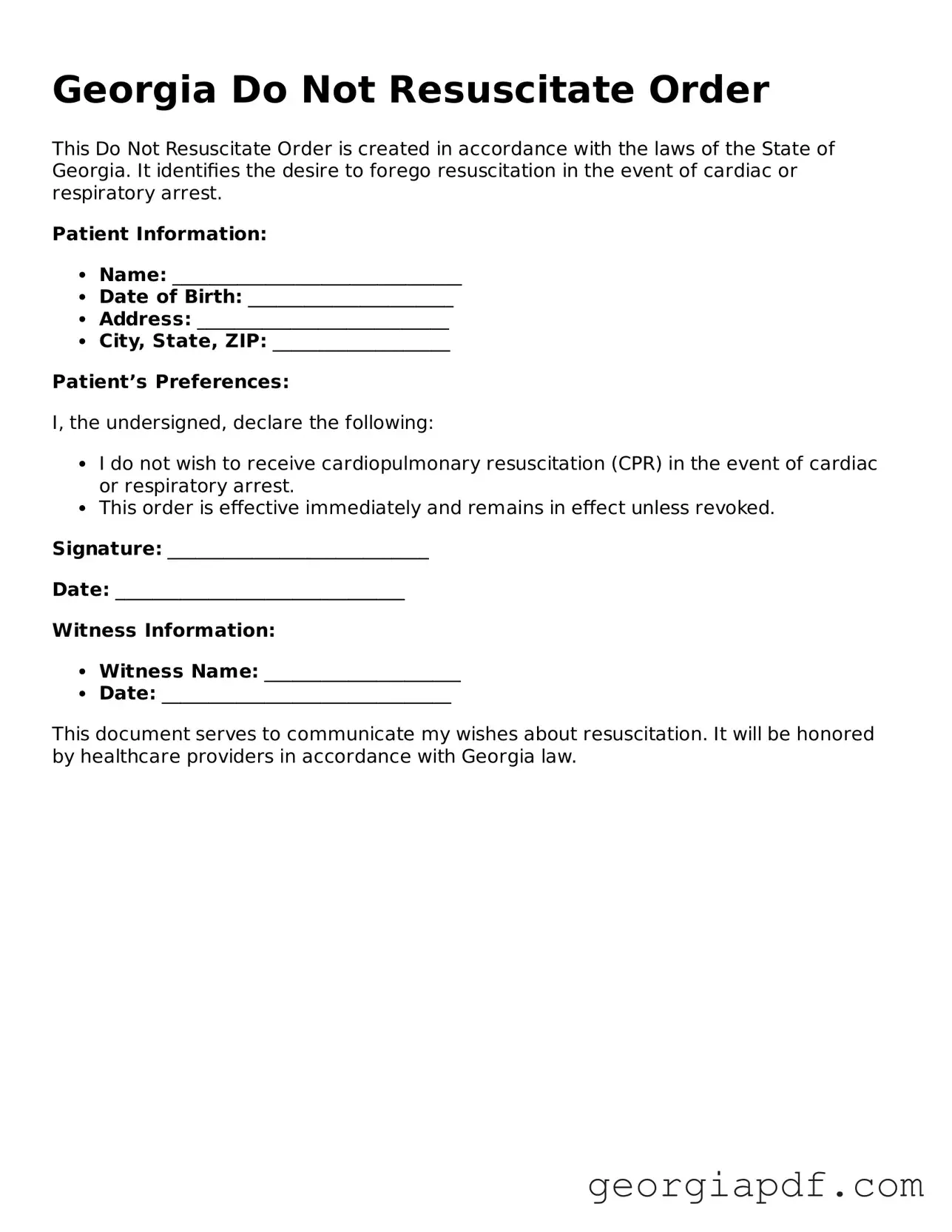Blank Do Not Resuscitate Order Template for the State of Georgia