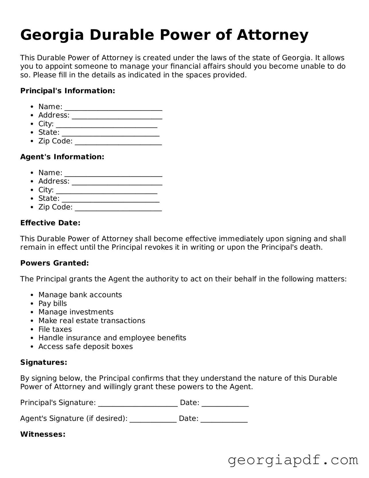 Blank Durable Power of Attorney Template for the State of Georgia