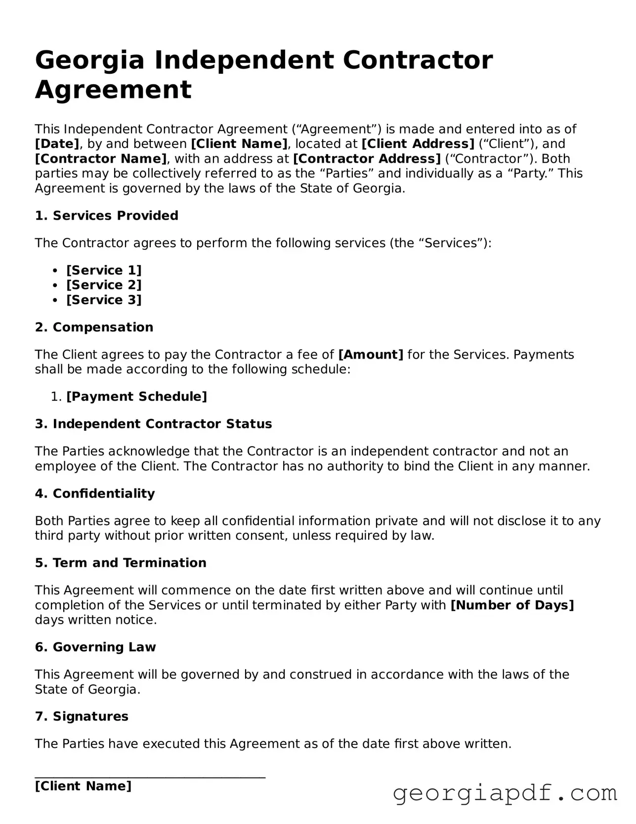 Blank Independent Contractor Agreement Template for the State of Georgia