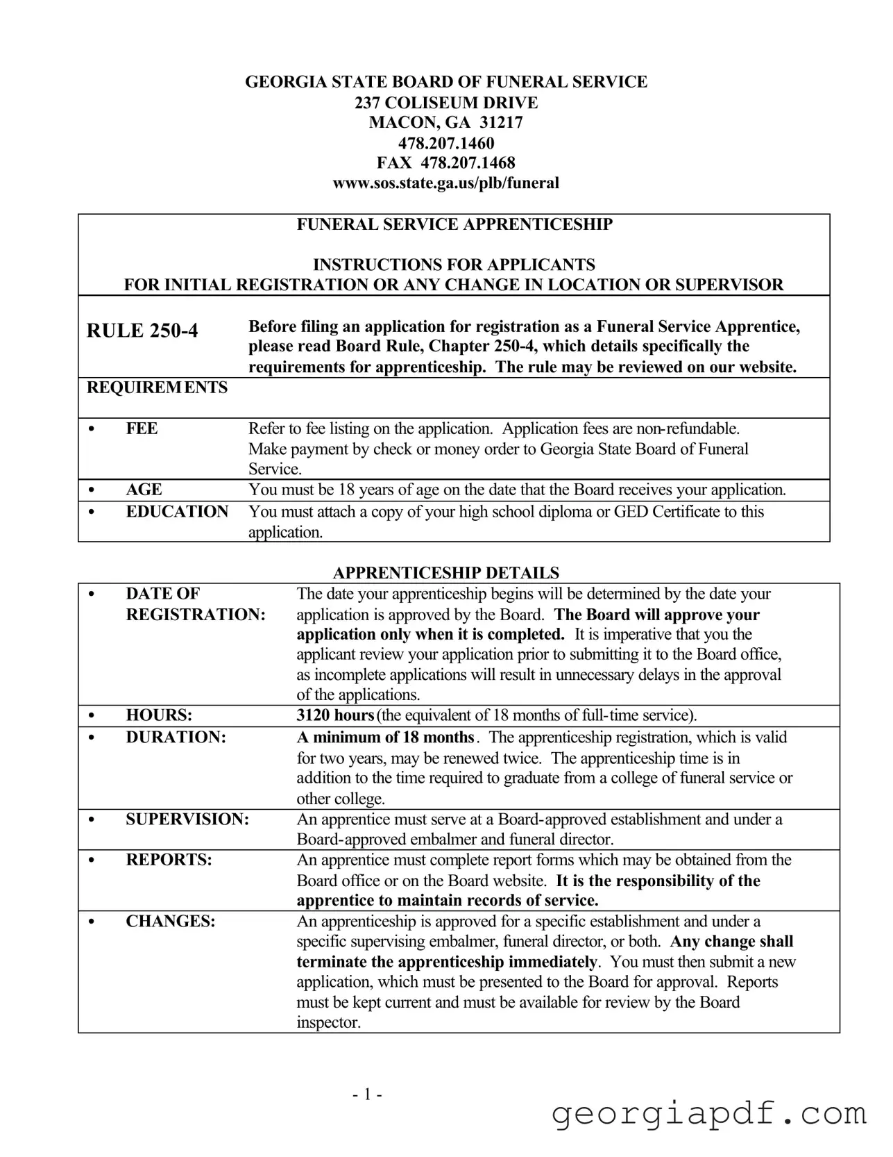Download Georgia Funeral Service Apprenticeship Form