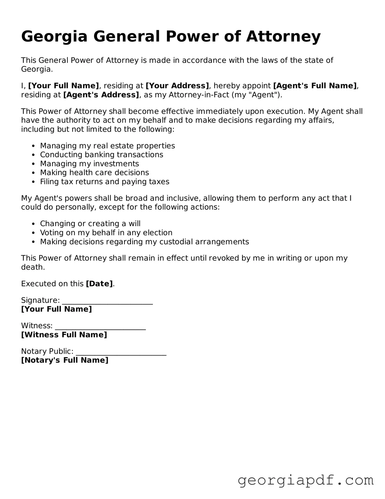 Blank General Power of Attorney Template for the State of Georgia