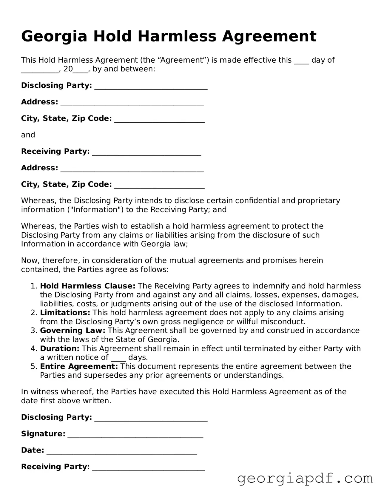 Blank Hold Harmless Agreement Template for the State of Georgia