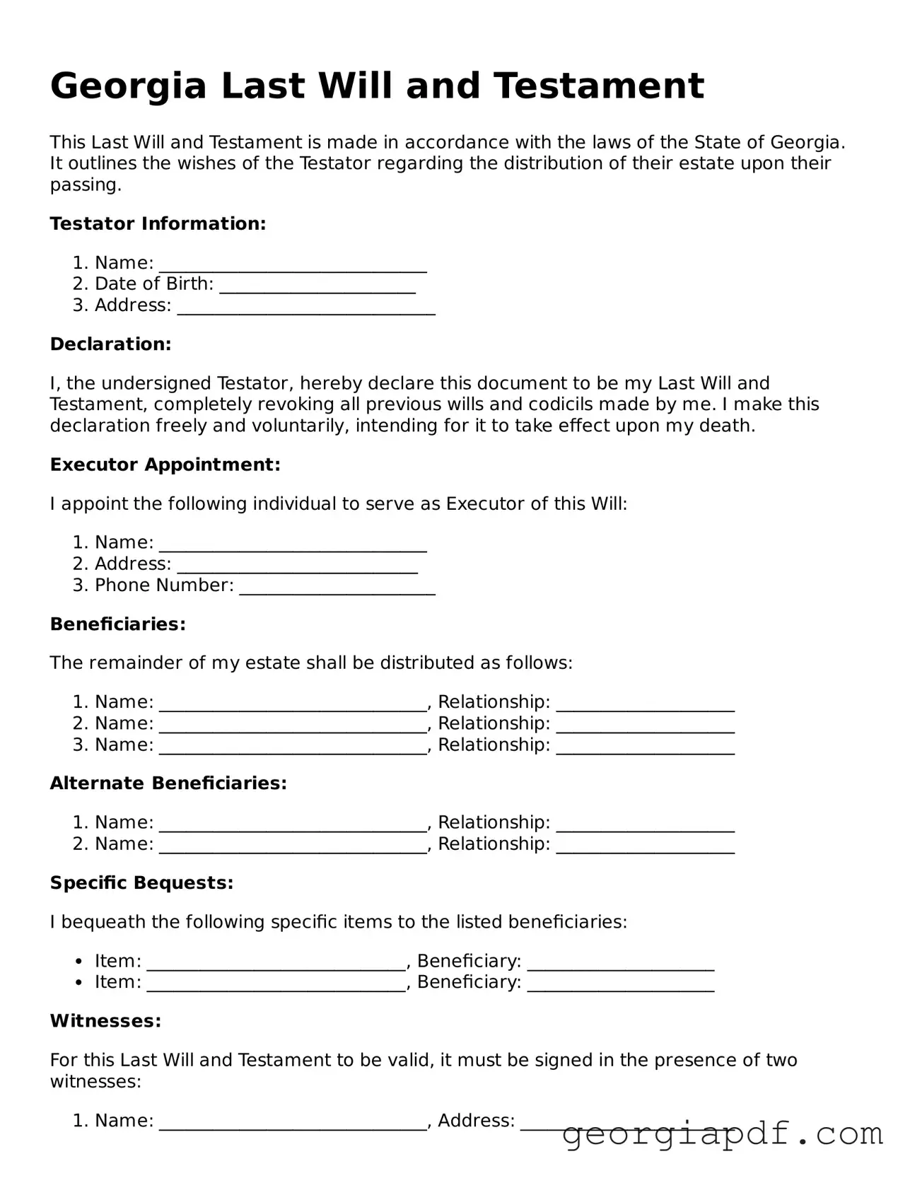 Blank Last Will and Testament Template for the State of Georgia