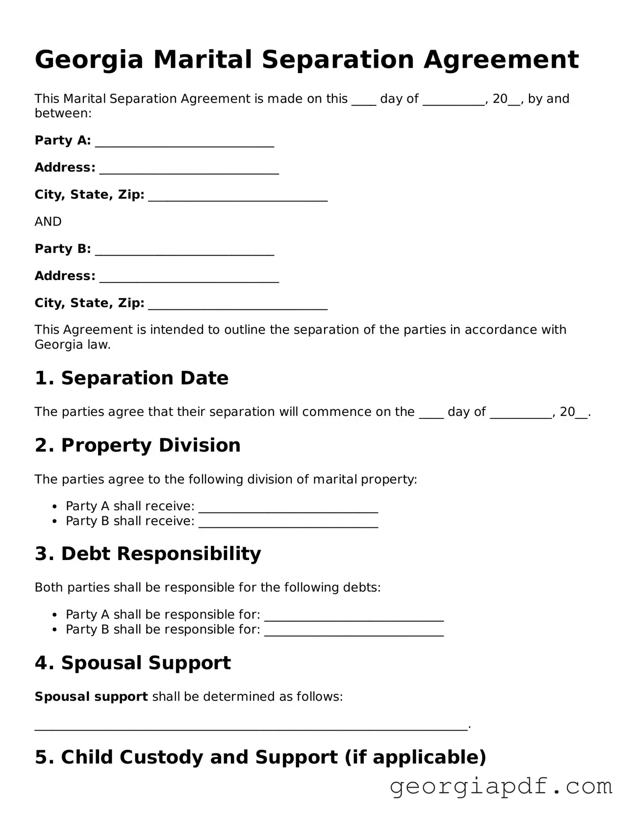 Blank Marital Separation Agreement Template for the State of Georgia