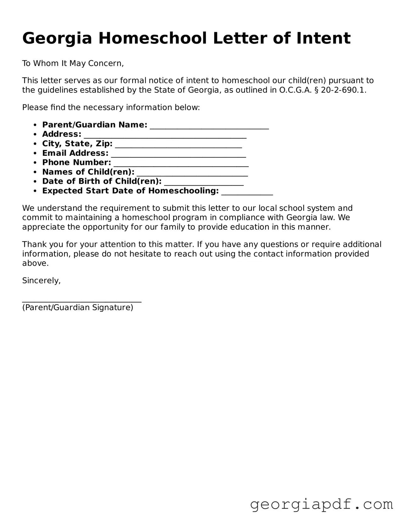 Blank Homeschool Letter of Intent Template for the State of Georgia