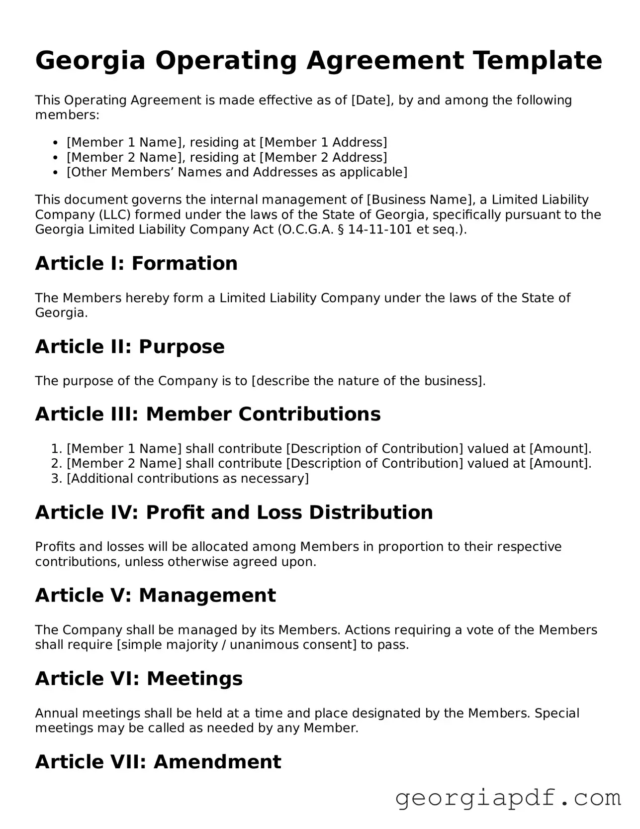 Blank Operating Agreement Template for the State of Georgia