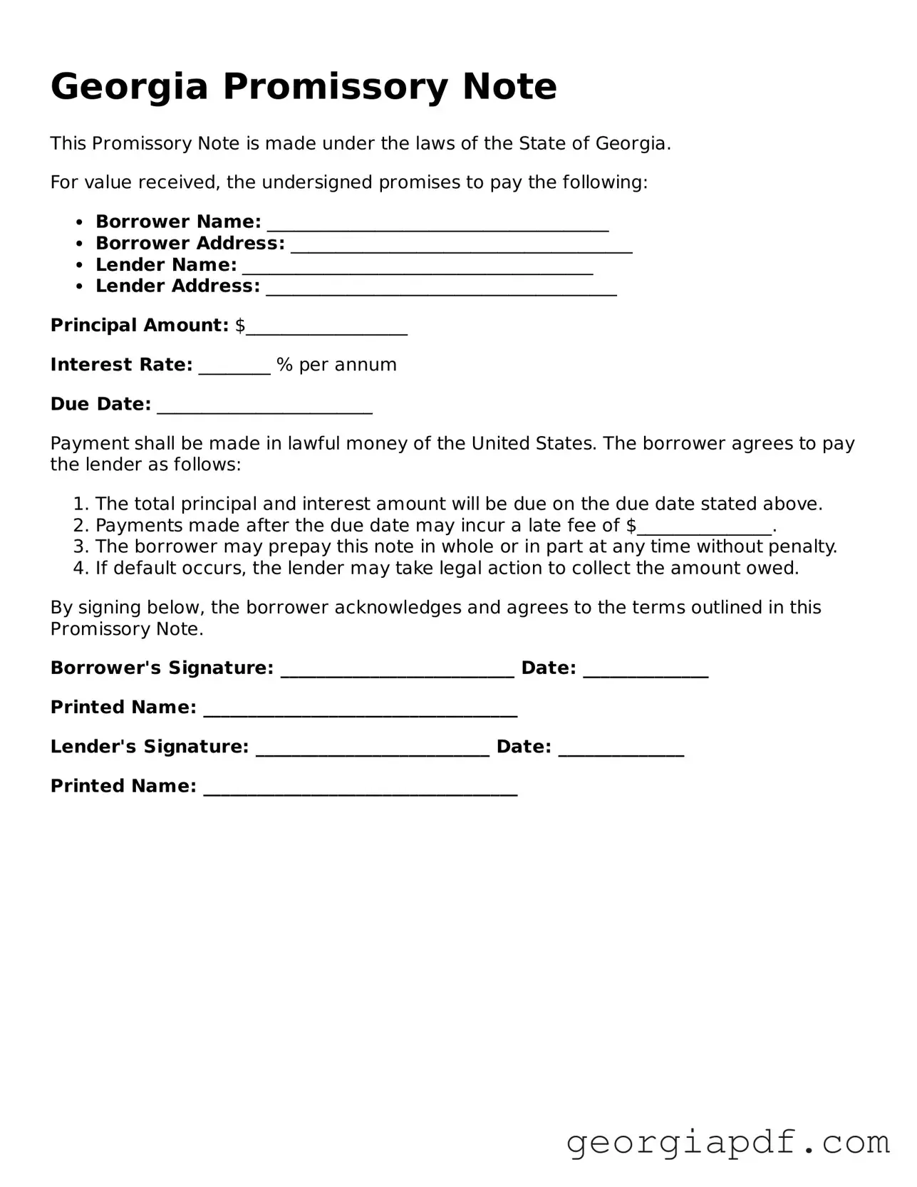 Blank Promissory Note Template for the State of Georgia