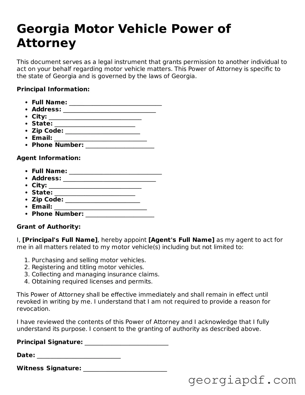 Blank Motor Vehicle Power of Attorney Template for the State of Georgia
