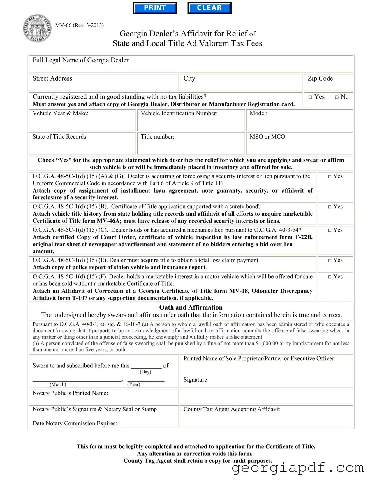 Download Georgia Mv 66 Form