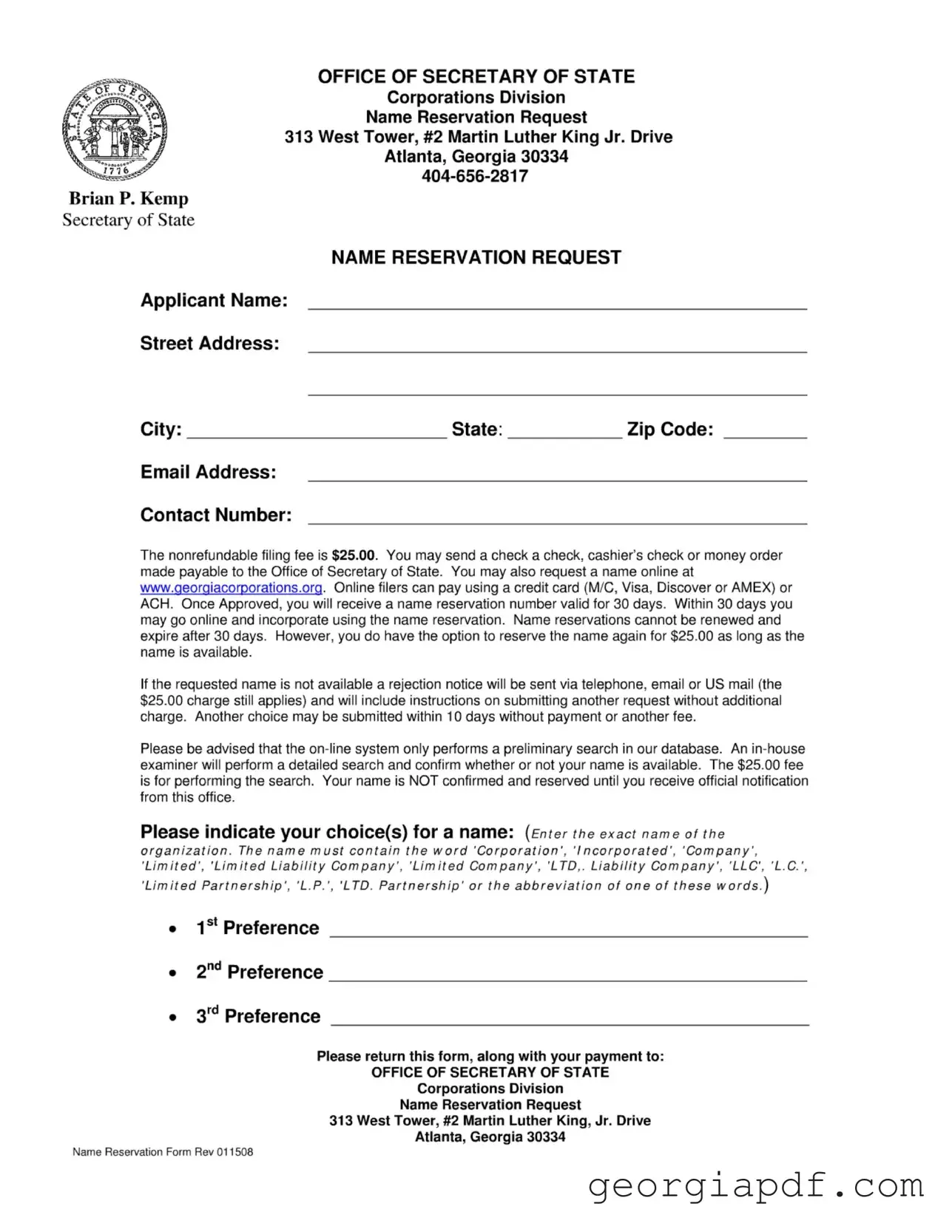Download Georgia Name Reservation Form