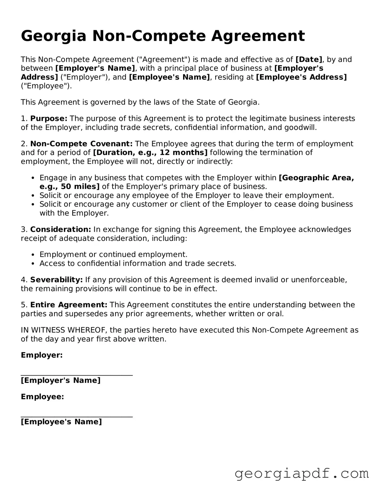 Blank Non-compete Agreement Template for the State of Georgia
