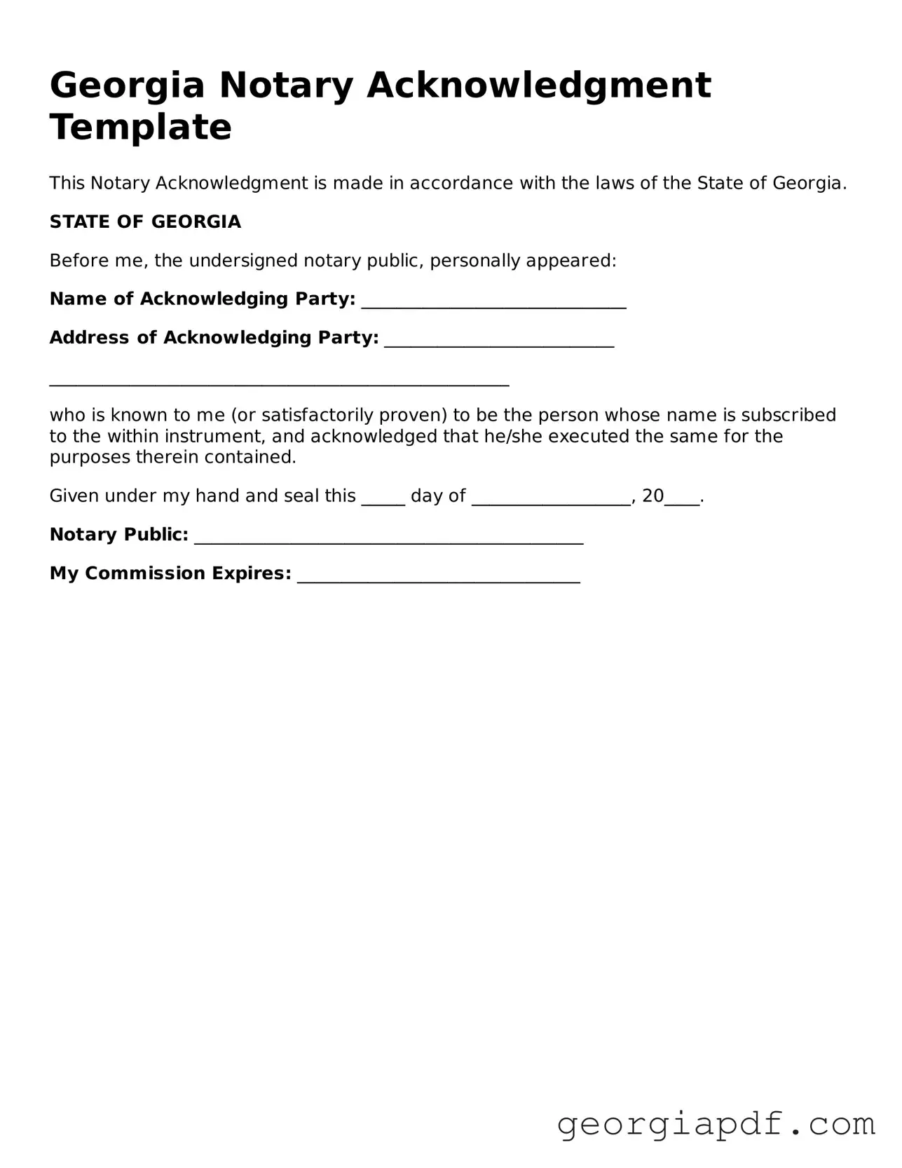 Blank Notary Acknowledgement Template for the State of Georgia