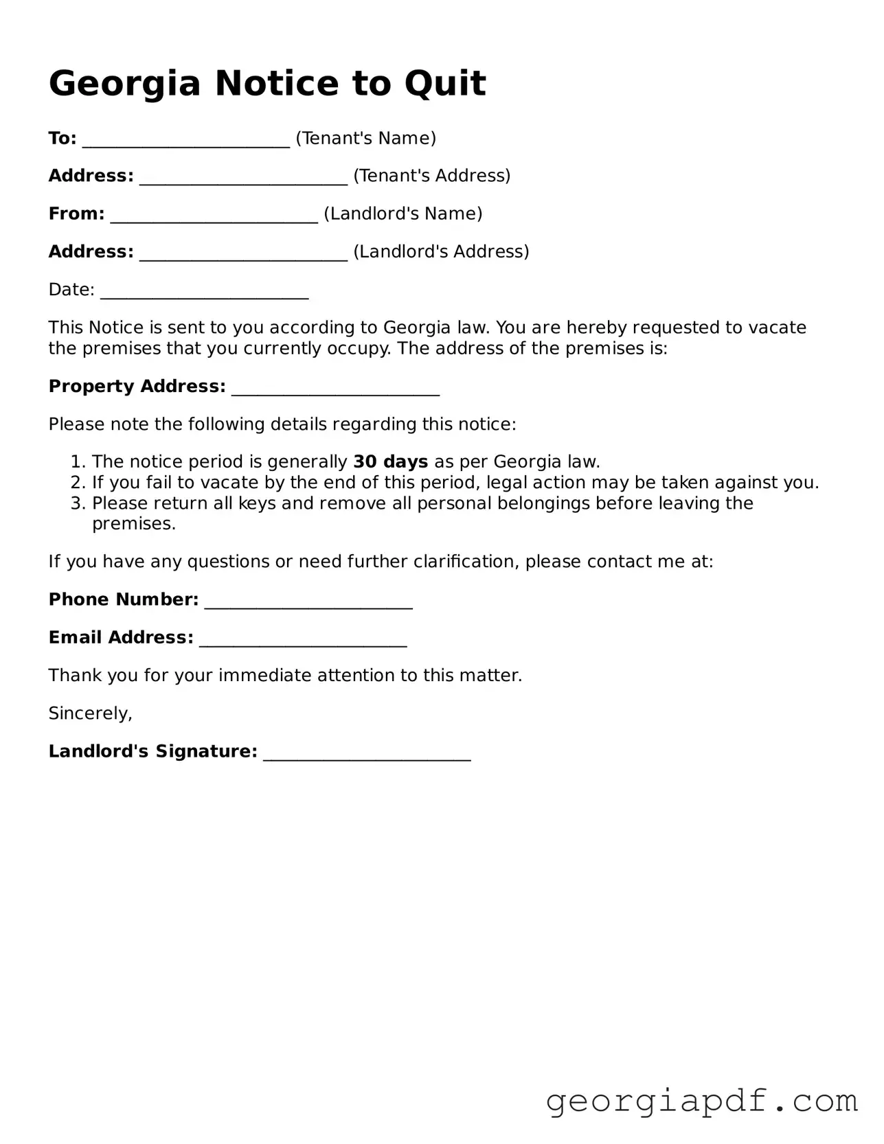 Blank Notice to Quit Template for the State of Georgia