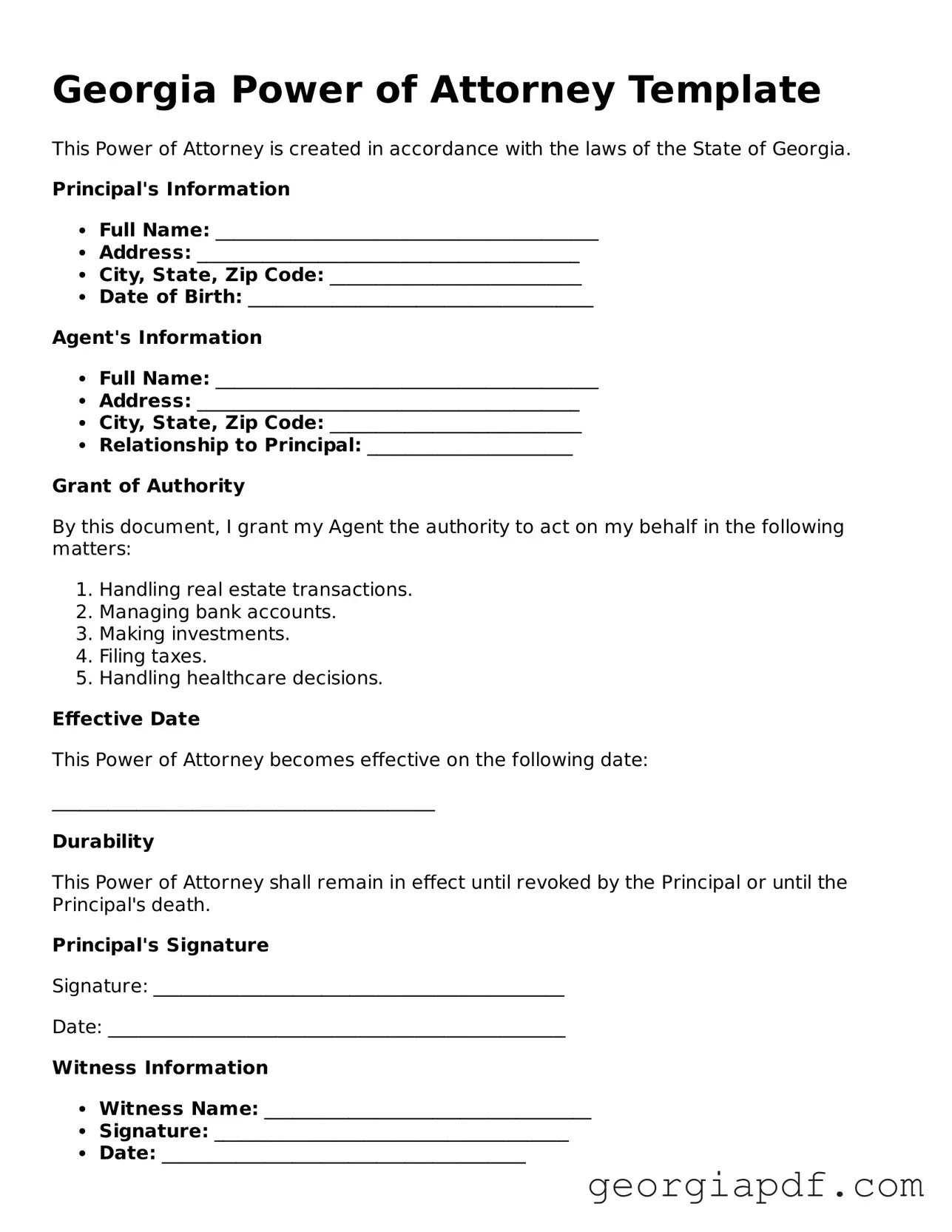 Blank Power of Attorney Template for the State of Georgia