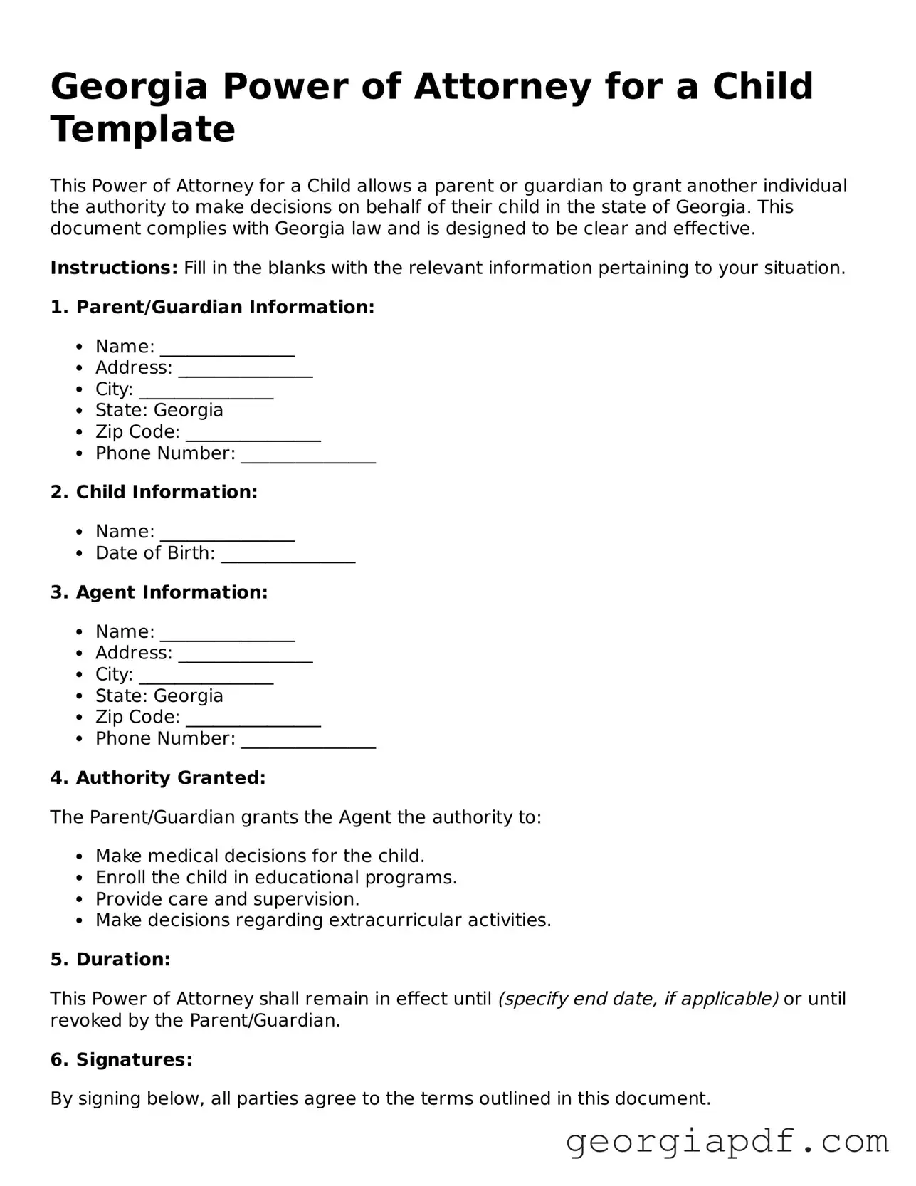 Blank Power of Attorney for a Child Template for the State of Georgia