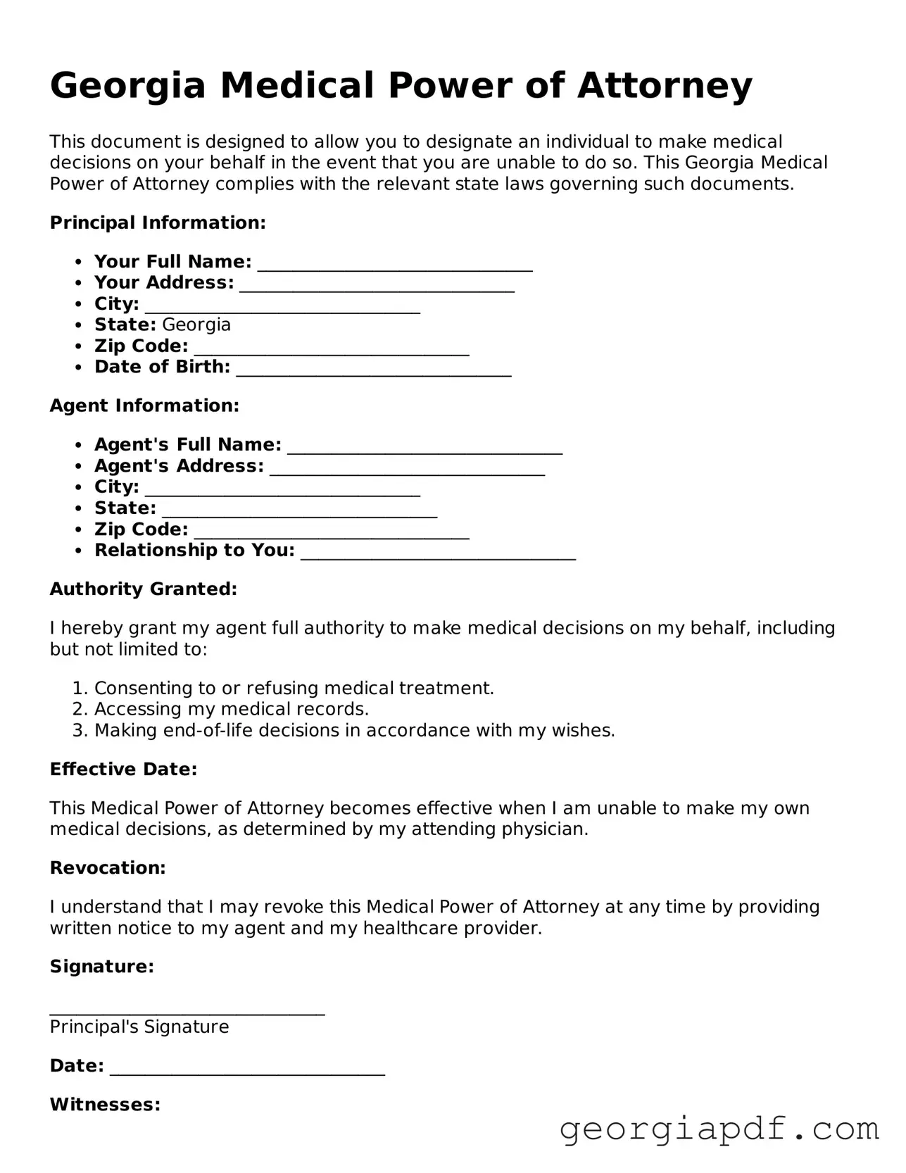 Blank Medical Power of Attorney Template for the State of Georgia