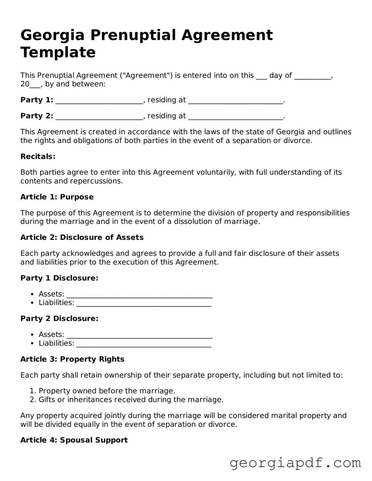 Blank Prenuptial Agreement Template for the State of Georgia