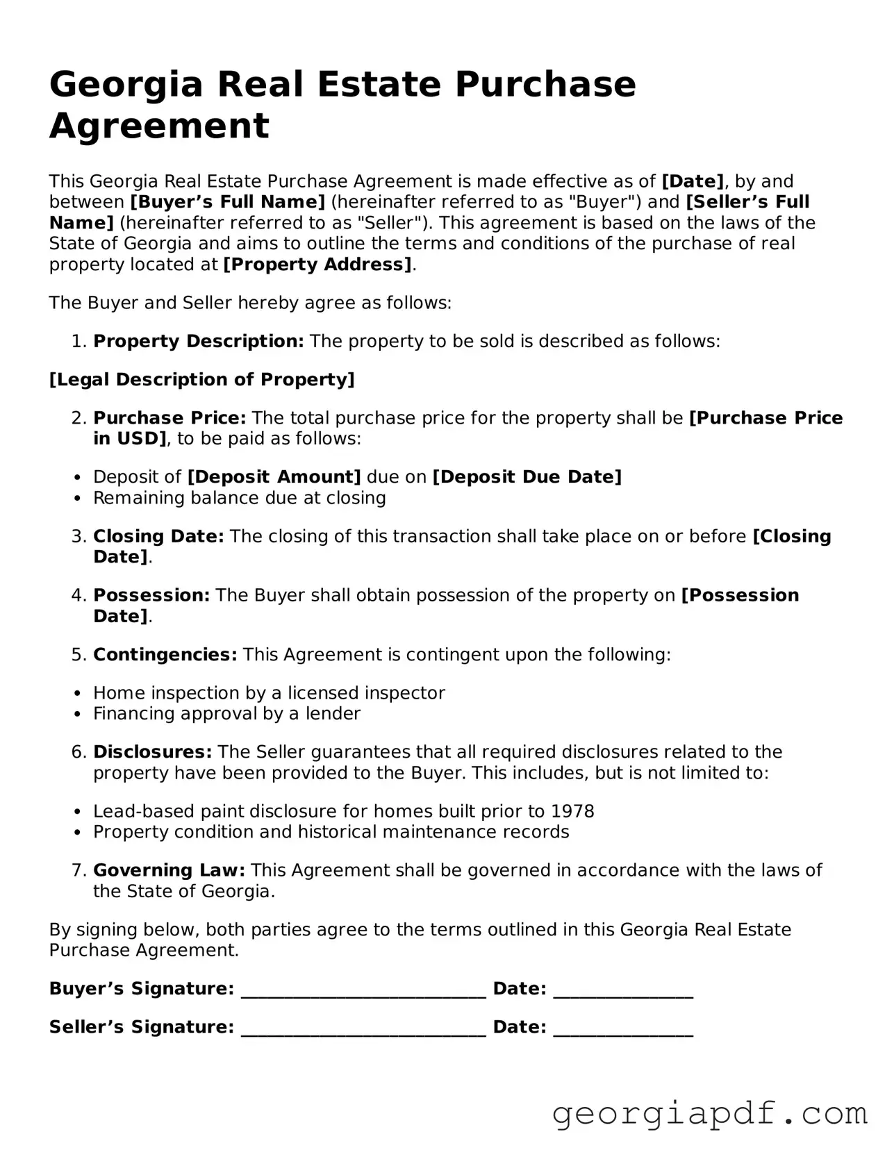 Blank Real Estate Purchase Agreement Template for the State of Georgia