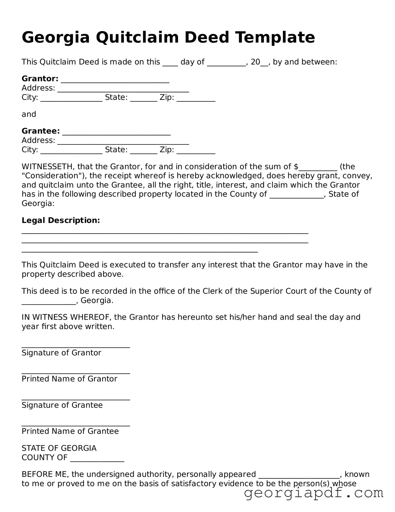 Blank Quitclaim Deed Template for the State of Georgia