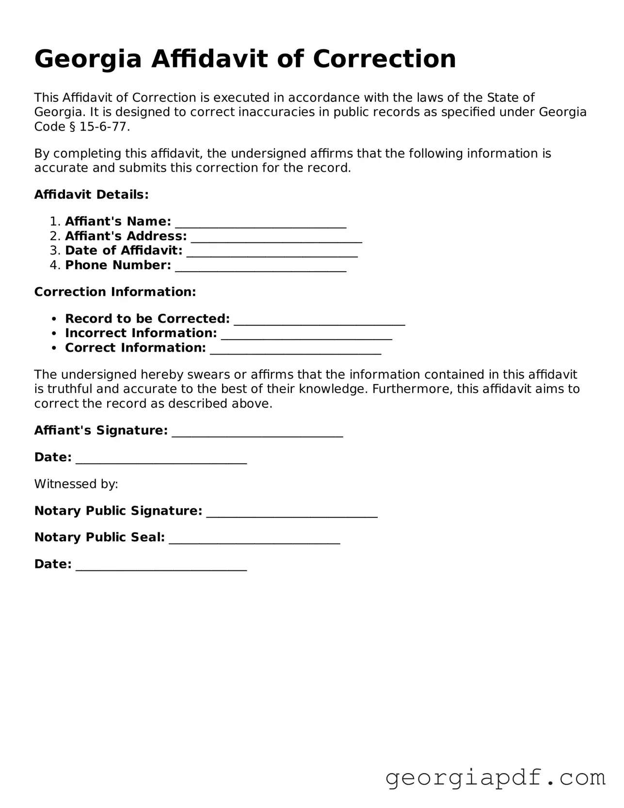 Blank Affidavit of Correction Template for the State of Georgia