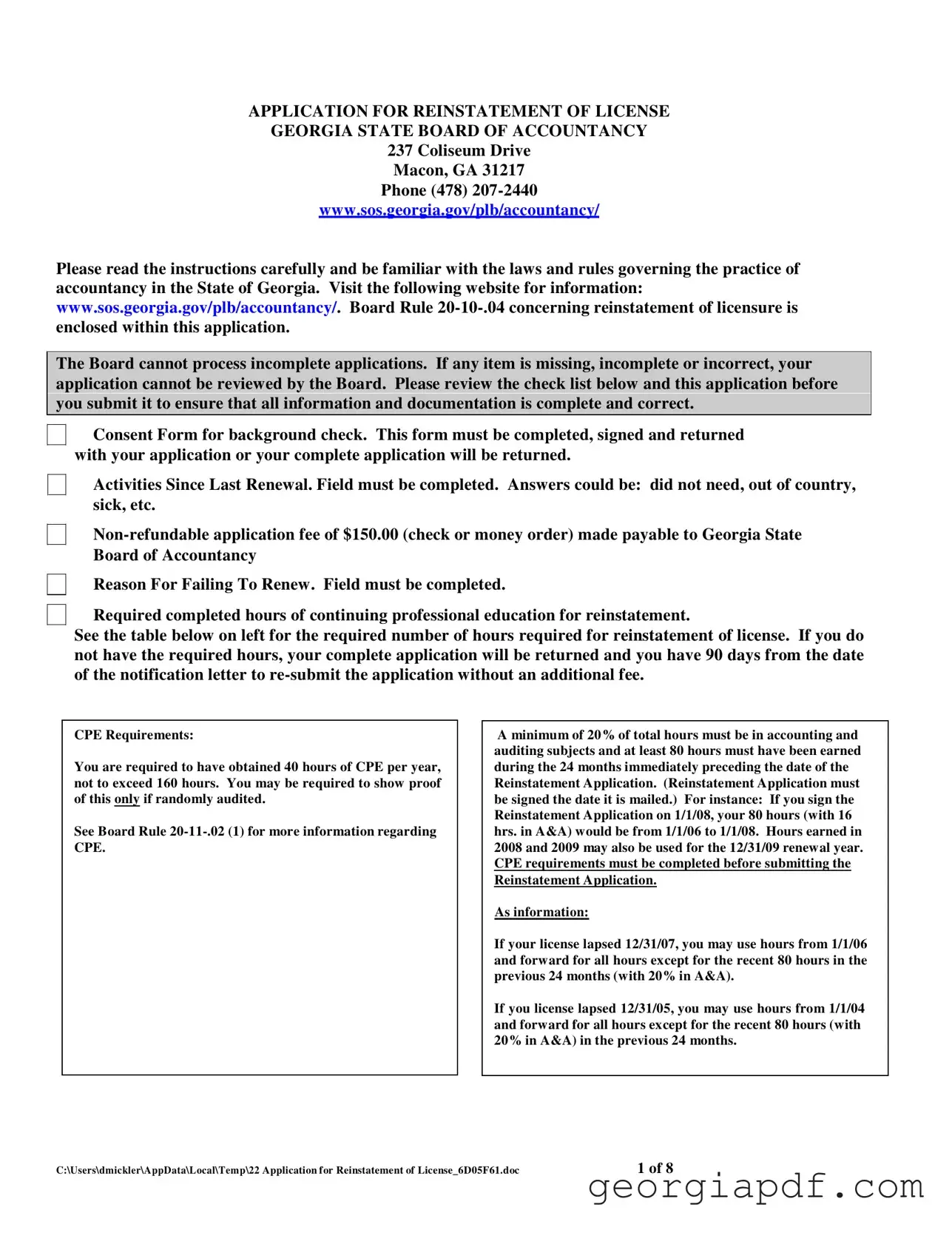 Download Georgia Reinstatement Nursing Form
