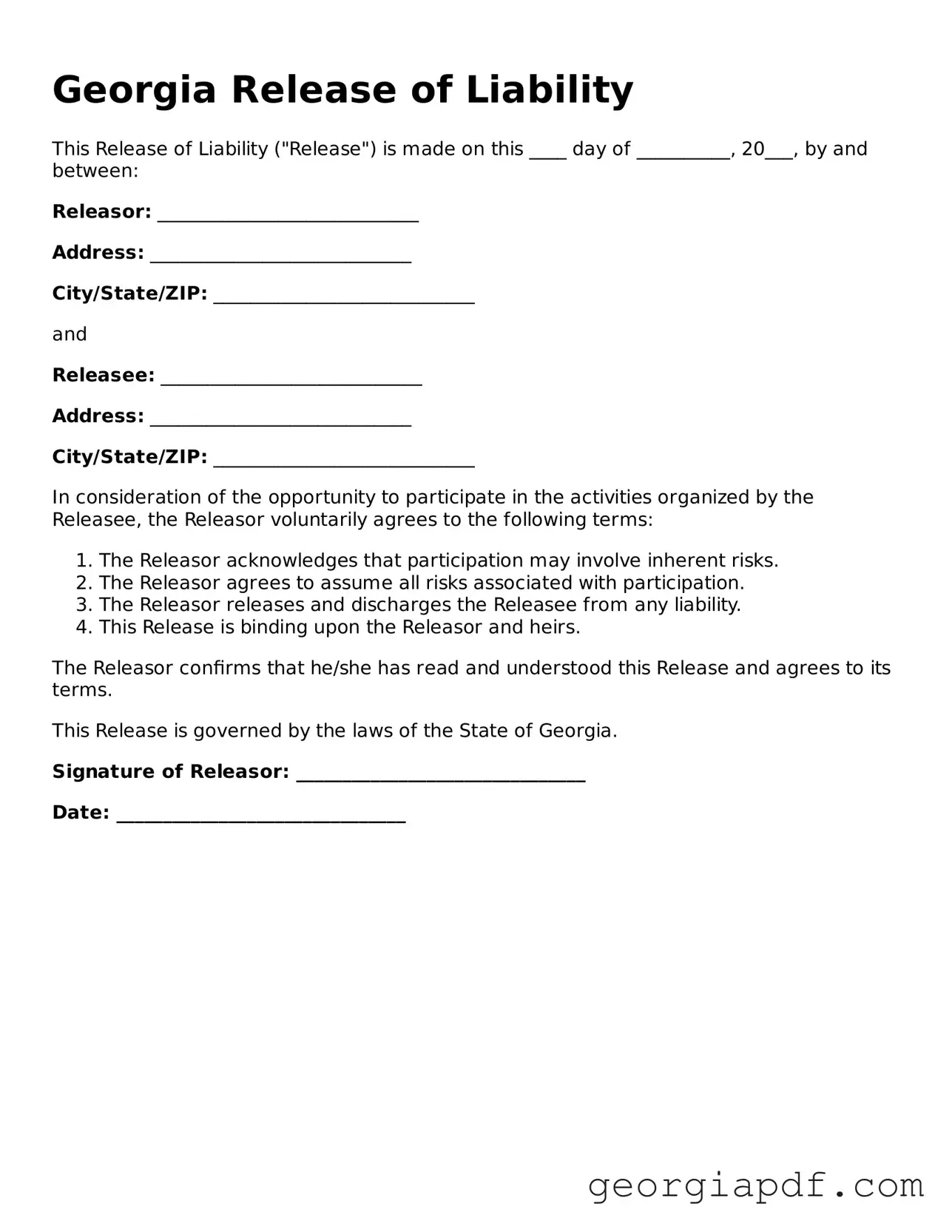 Blank Release of Liability Template for the State of Georgia