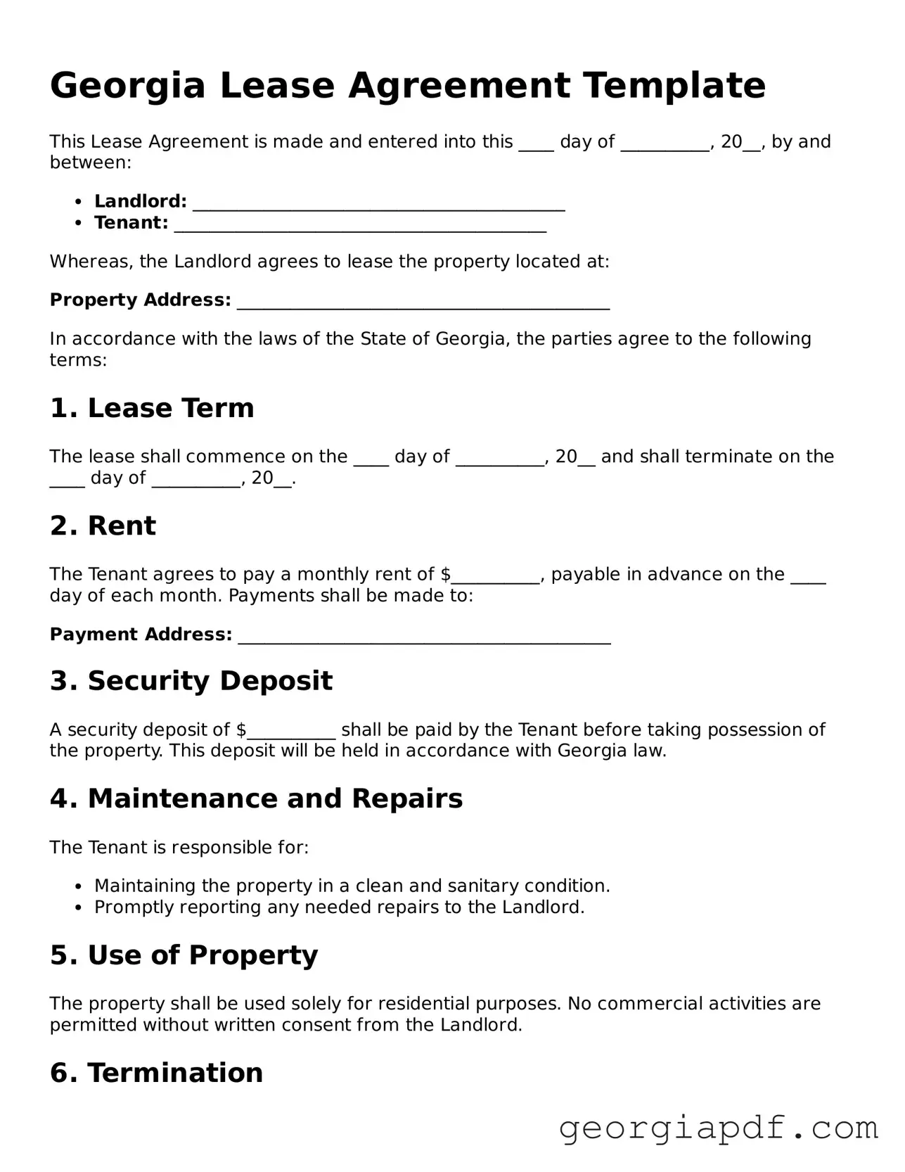 Blank Lease Agreement Template for the State of Georgia