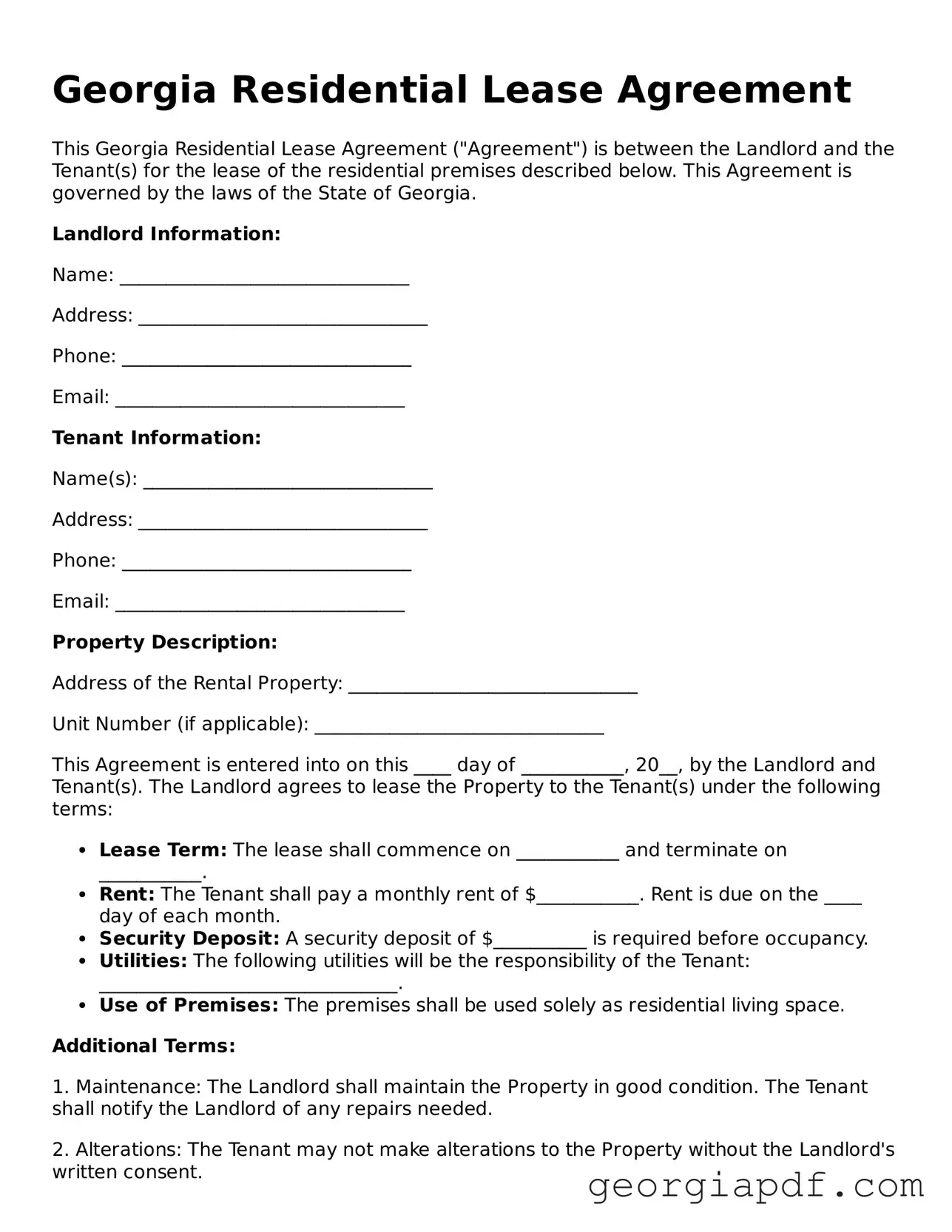 Blank Residential Lease Agreement Template for the State of Georgia