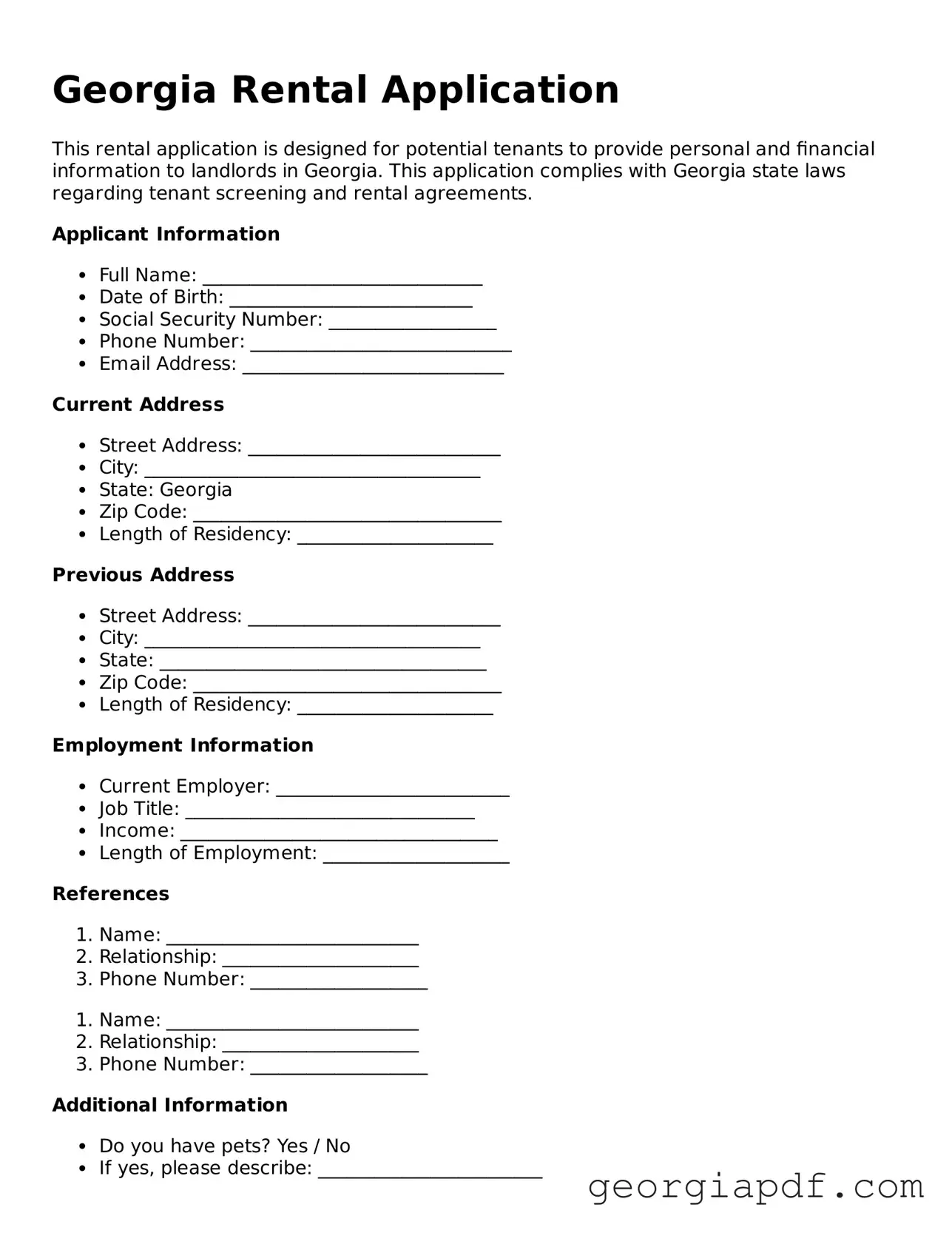 Blank Rental Application Template for the State of Georgia