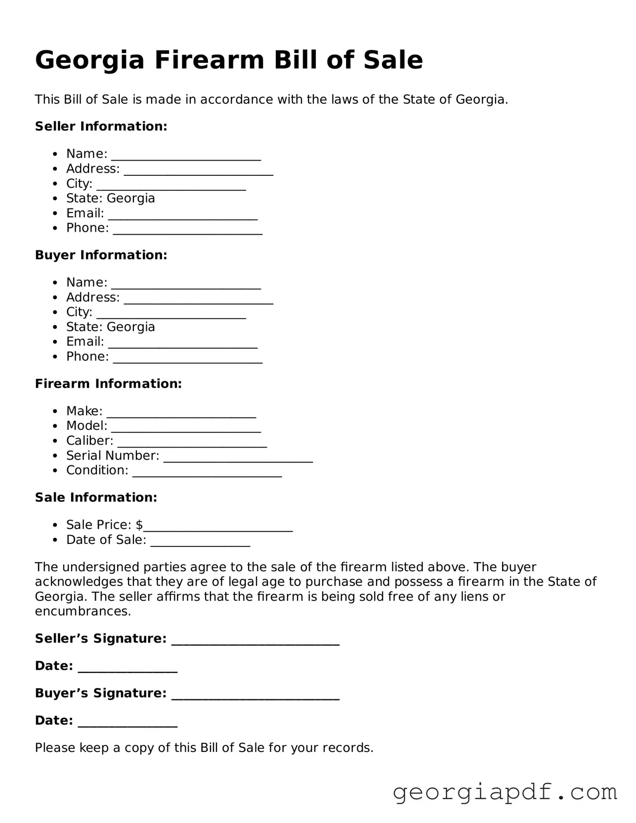 Blank Firearm Bill of Sale Template for the State of Georgia