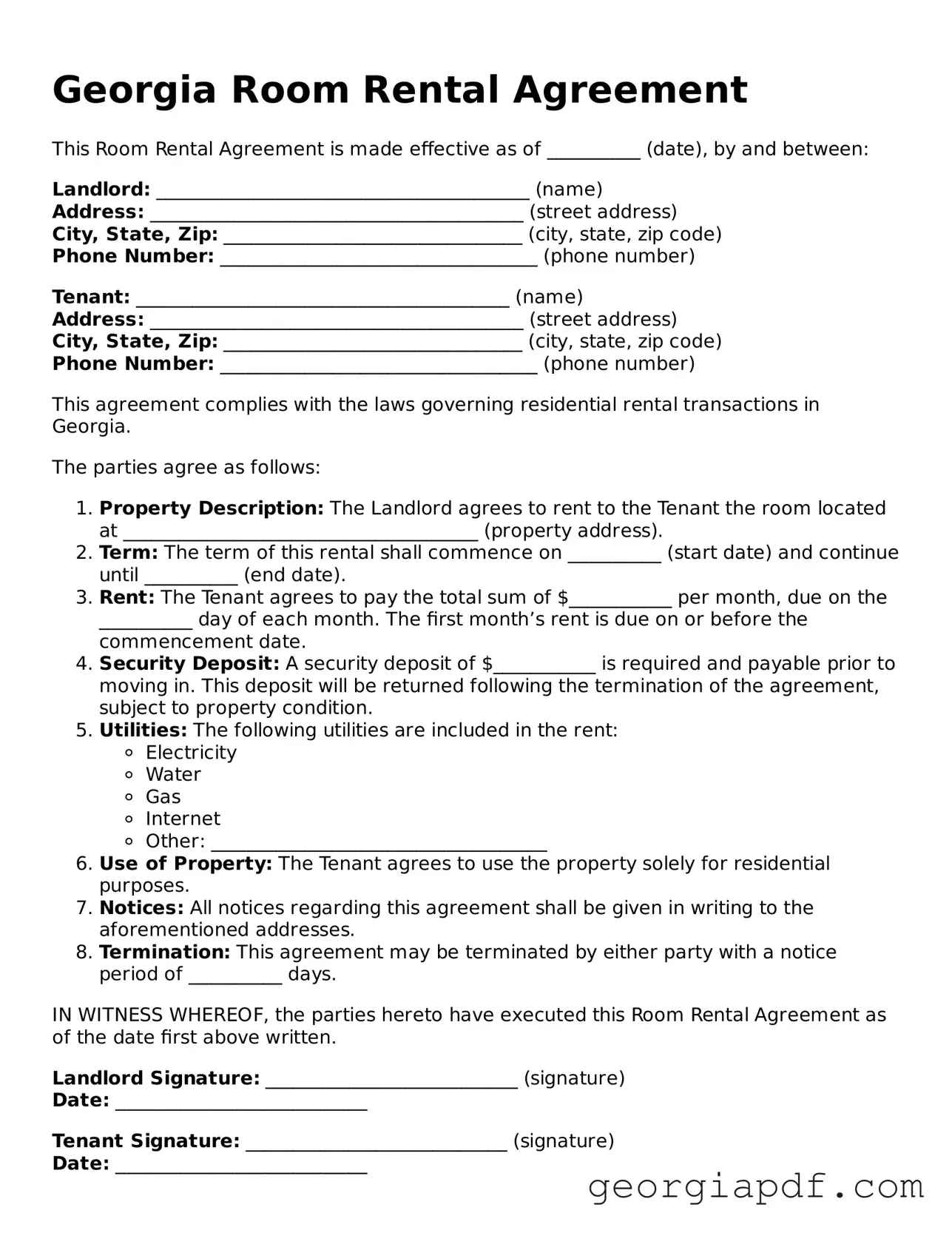 Blank Room Rental Agreement Template for the State of Georgia