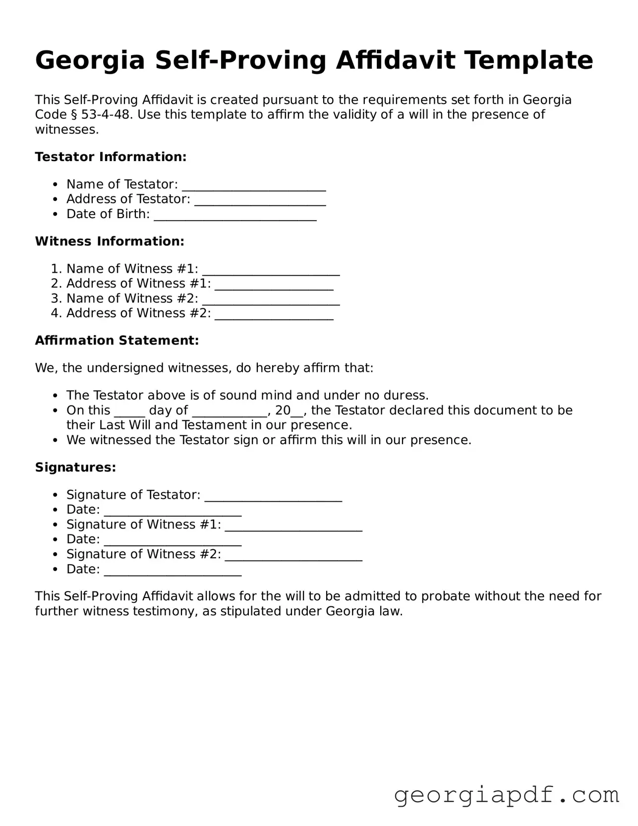 Blank Self-Proving Affidavit Template for the State of Georgia