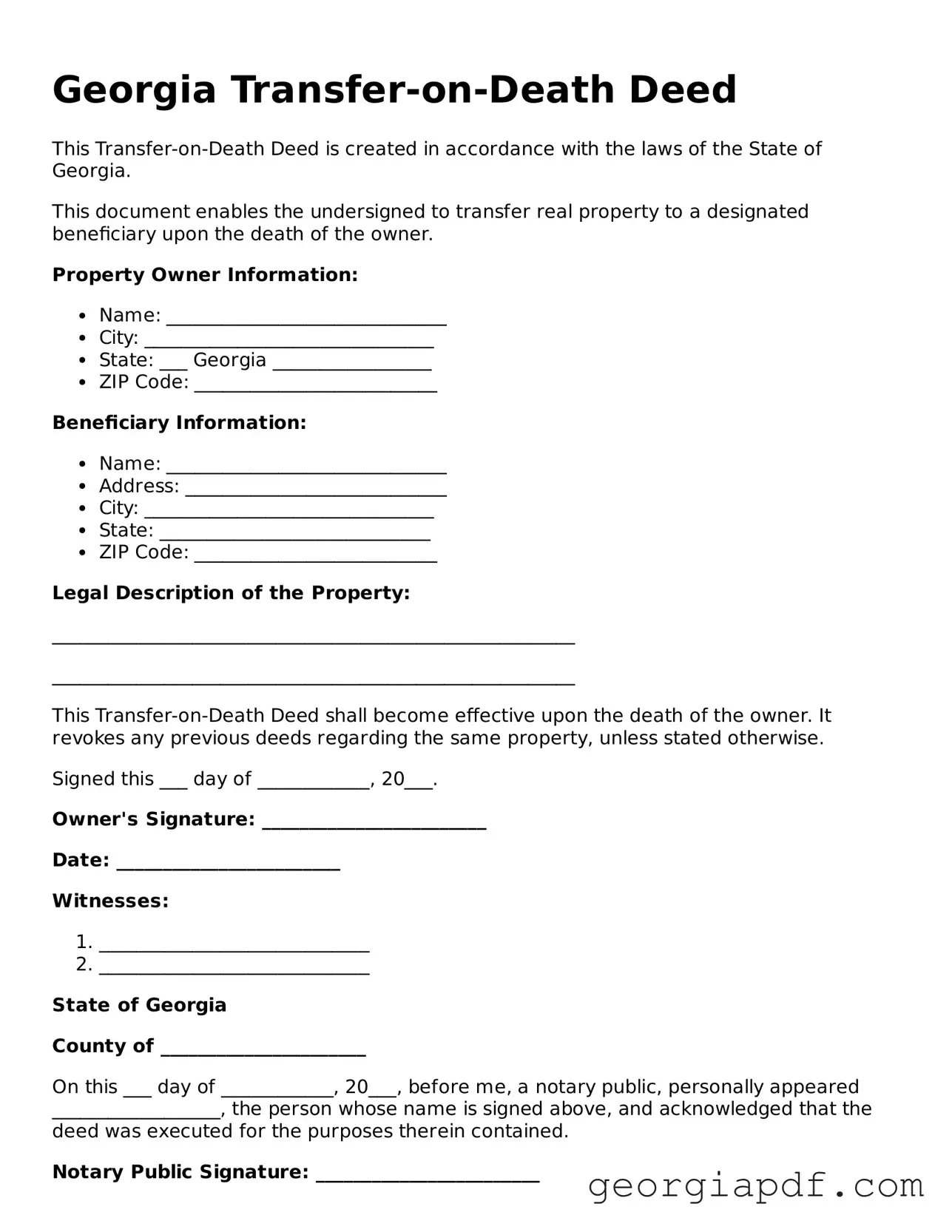 Blank Transfer-on-Death Deed Template for the State of Georgia
