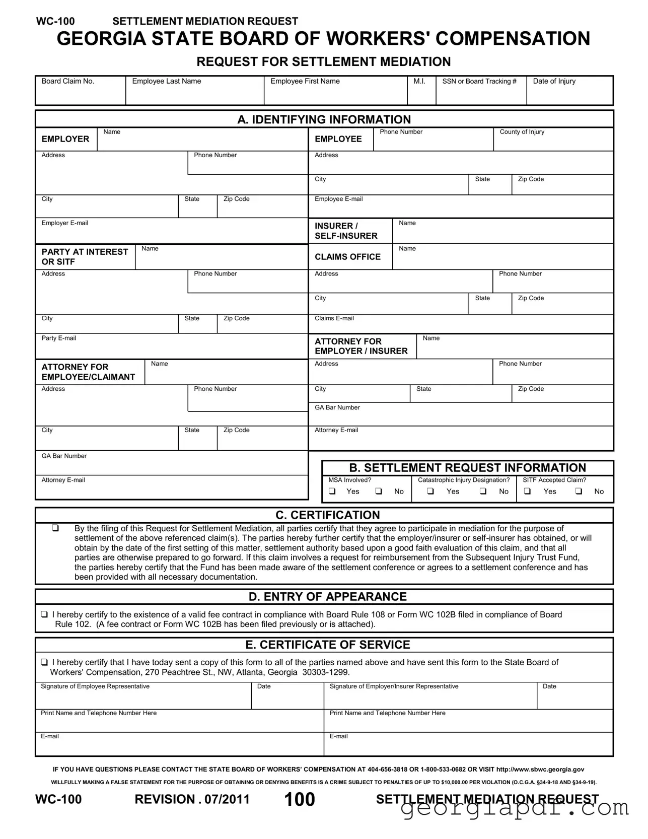 Download Georgia Wc 100 Form