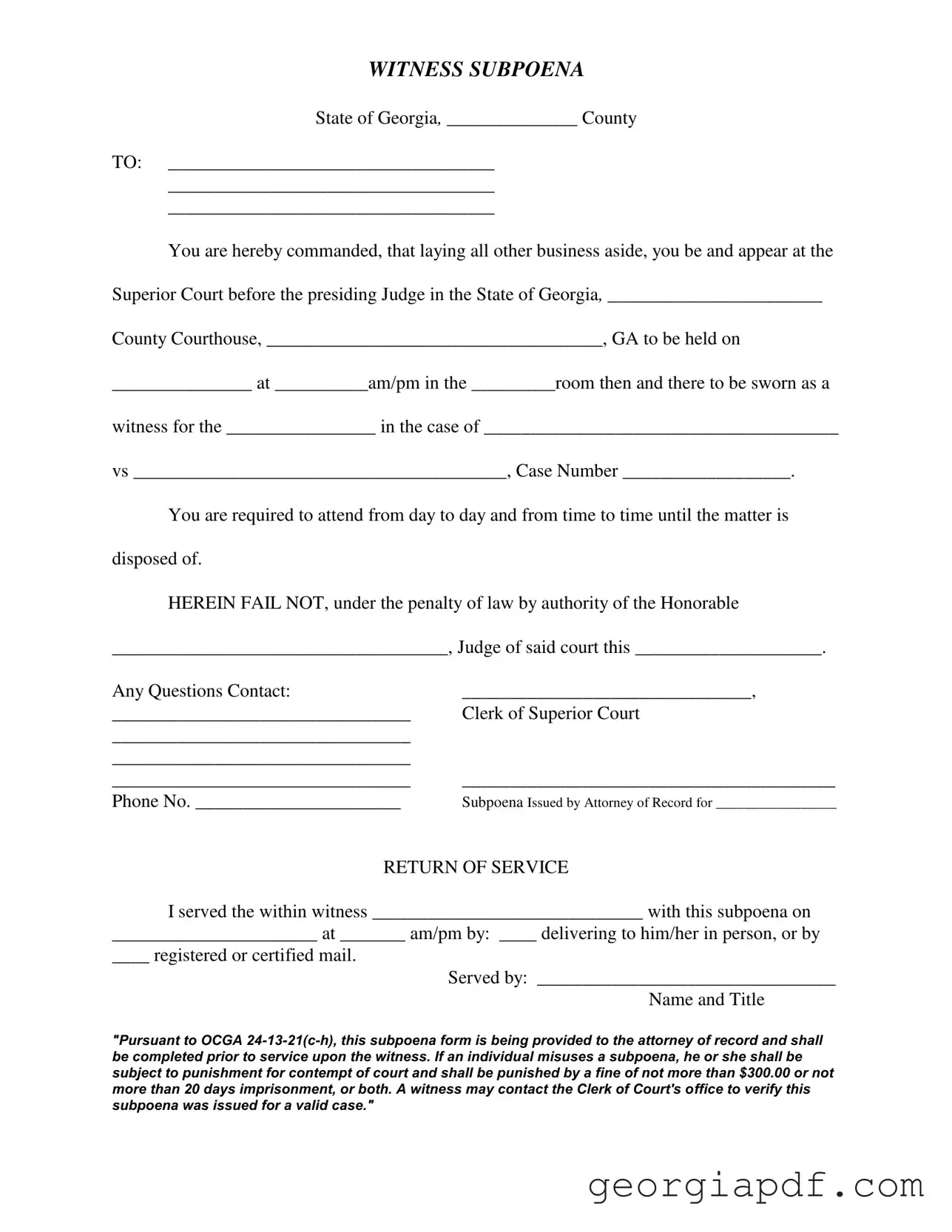 Download Georgia Witness Subpoena Form