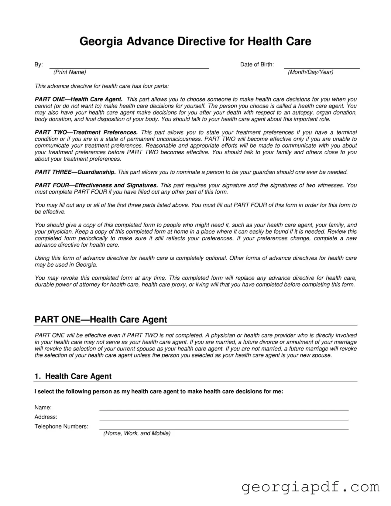 Download Health Care Directive Georgia Form