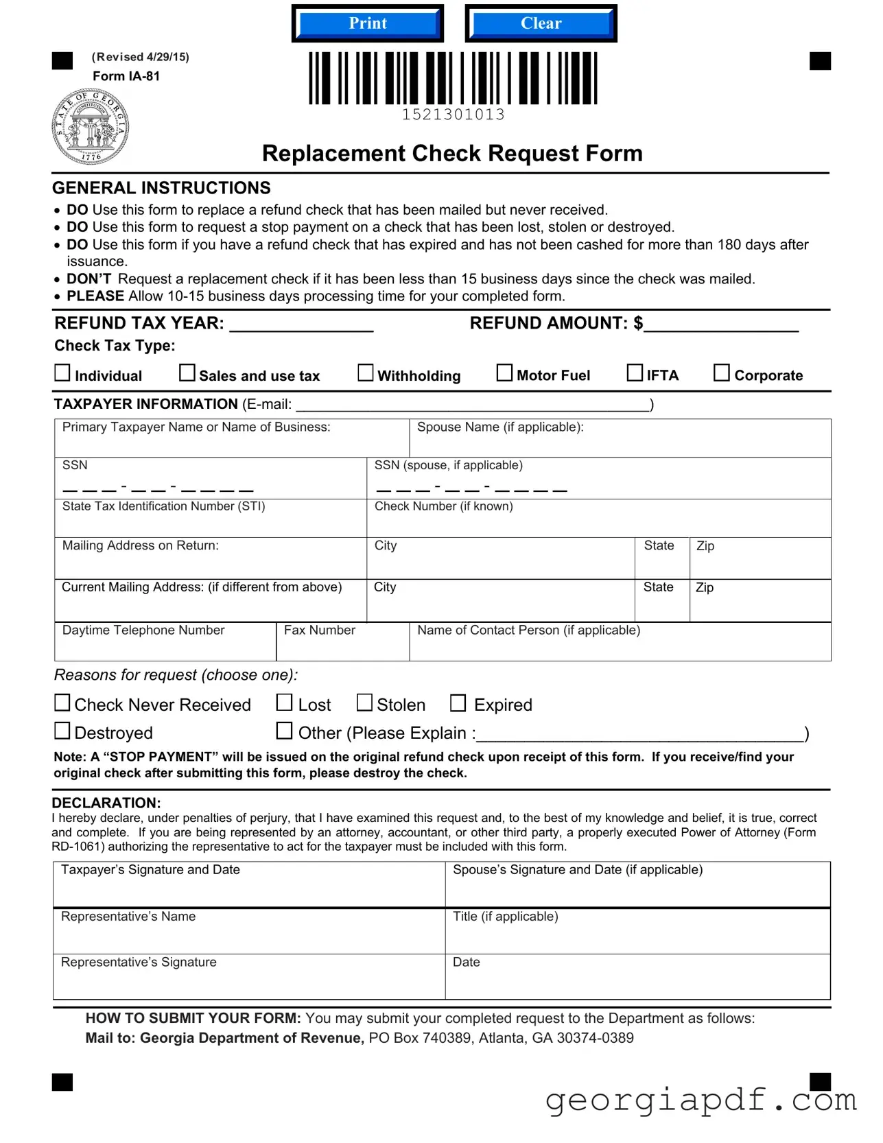 Download Replacement Check Request Georgia Form