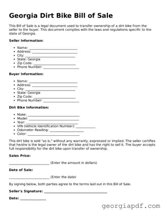 Blank Dirt Bike Bill of Sale Template for the State of Georgia